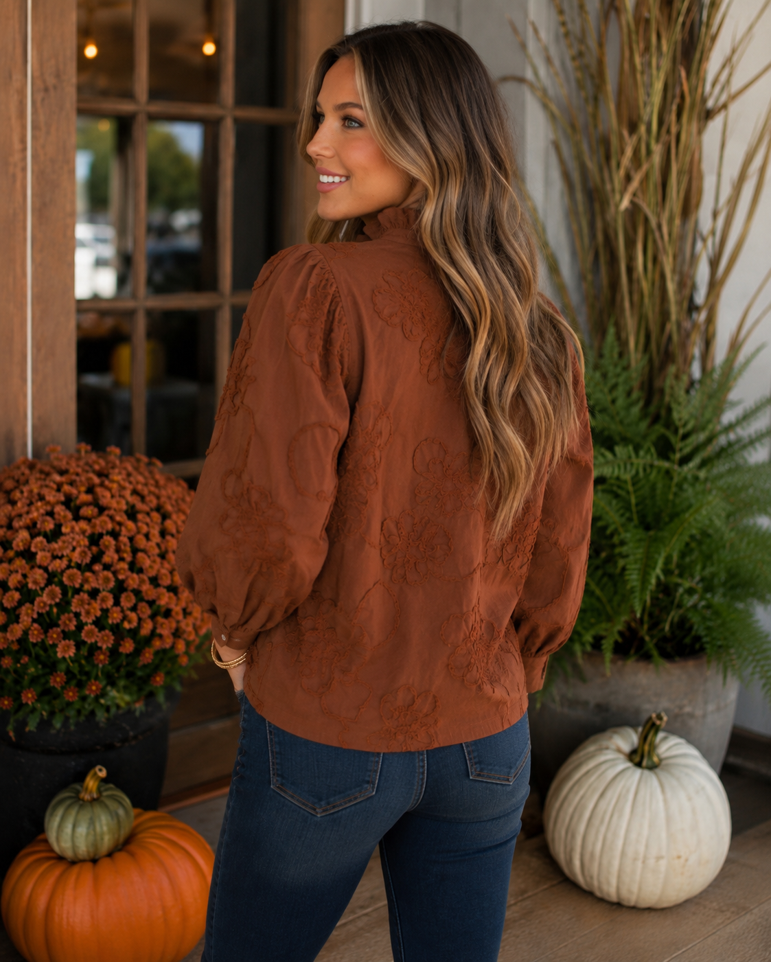 Bobbi Button Down 3D Floral Top Browm