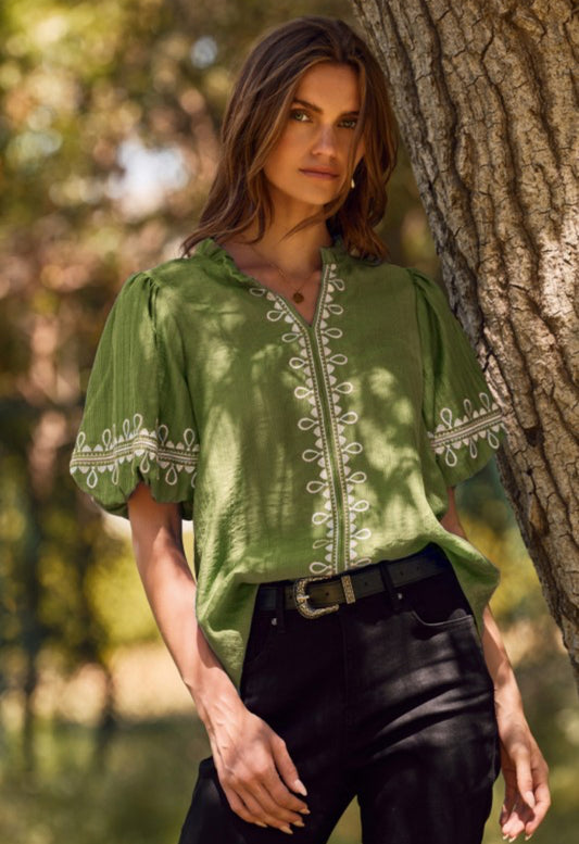 Bethany Embroidered Bubble Sleeve Blouse Olive