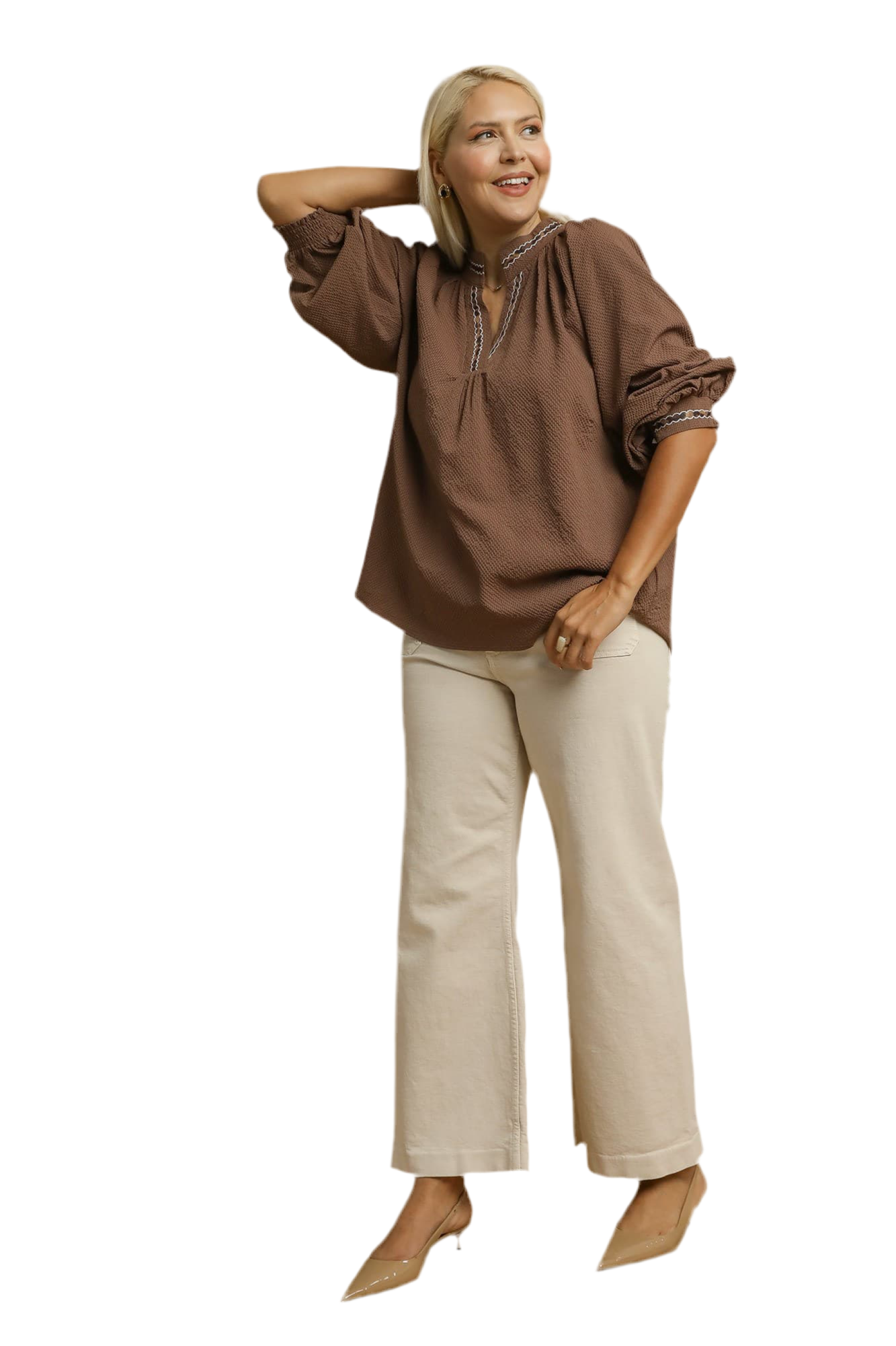 Allie Animal Print Trim V Neck Collared Top Chocolate