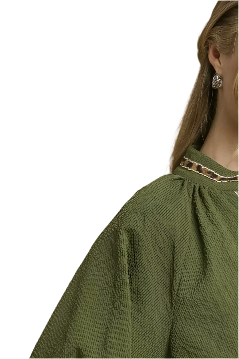 Allie Animal Print Trim V Neck Collared Top Olive