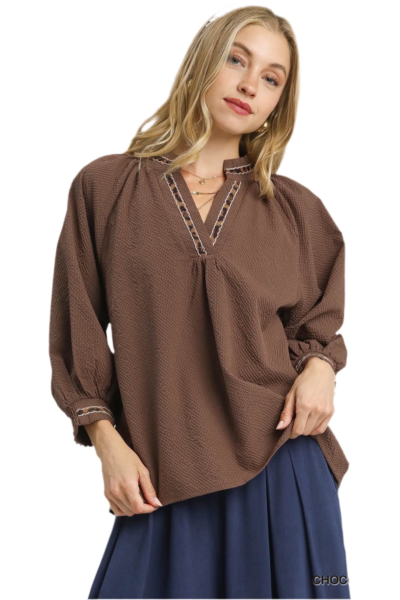 Allie Animal Print Trim V Neck Collared Top Chocolate