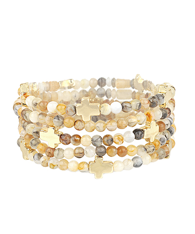 5 Row Cross Charm Beaded Bracelet Beige