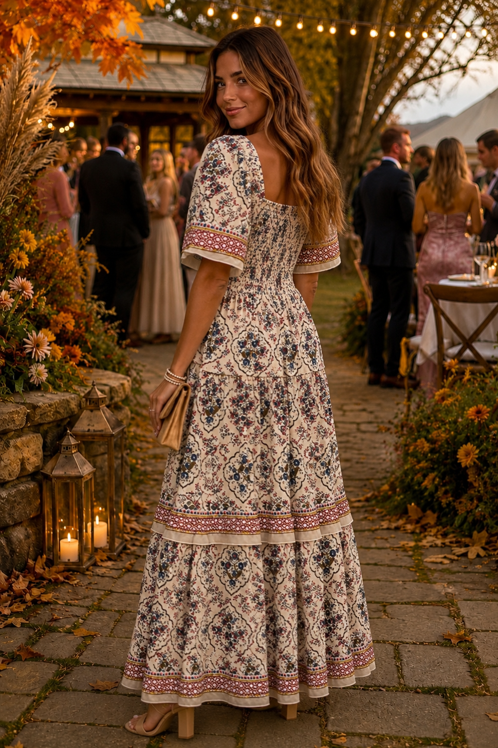 Beauty Queen Floral Print Tiered Skirt Midi Dress Cream'