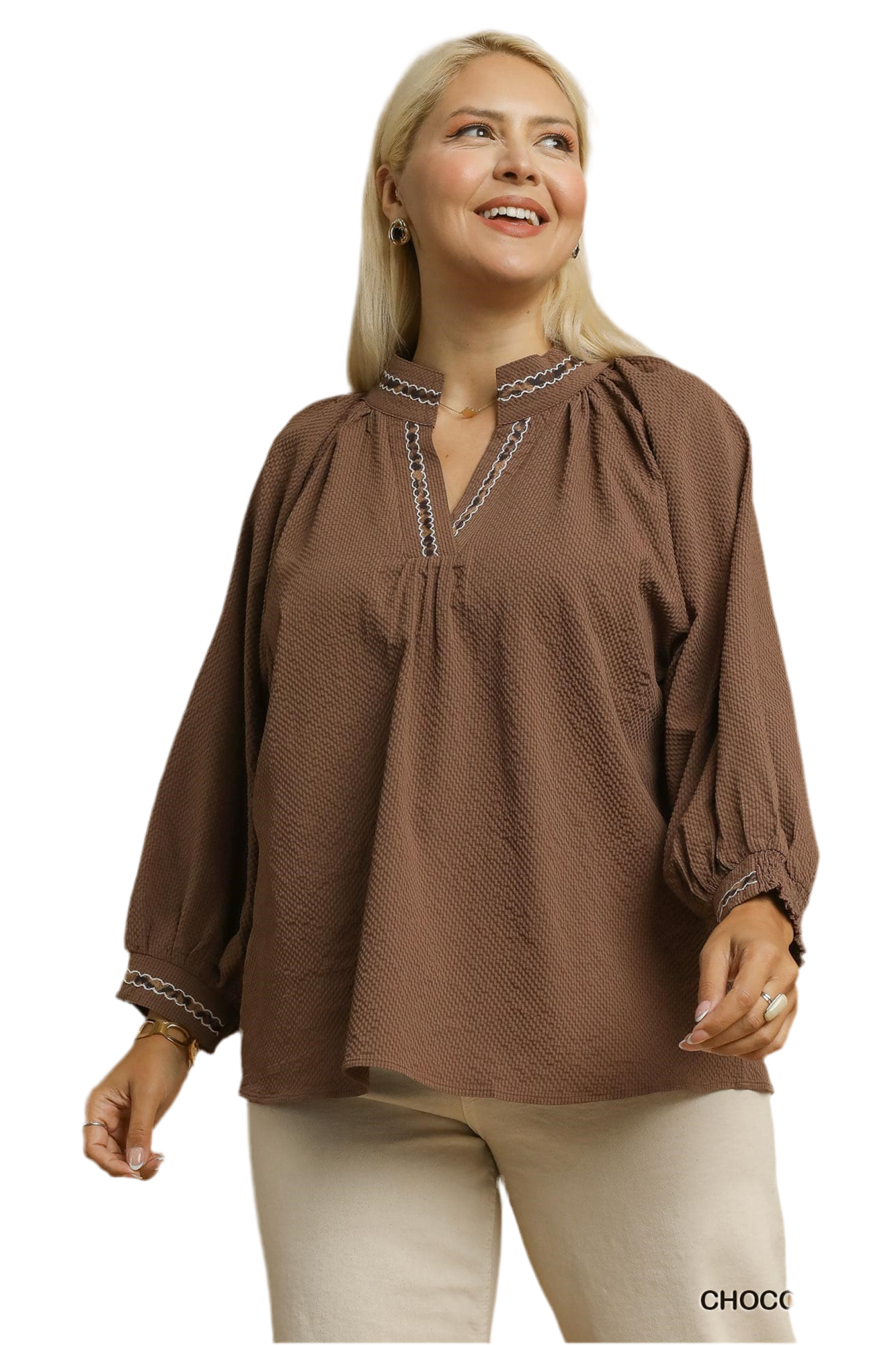 Allie Animal Print Trim V Neck Collared Top Chocolate