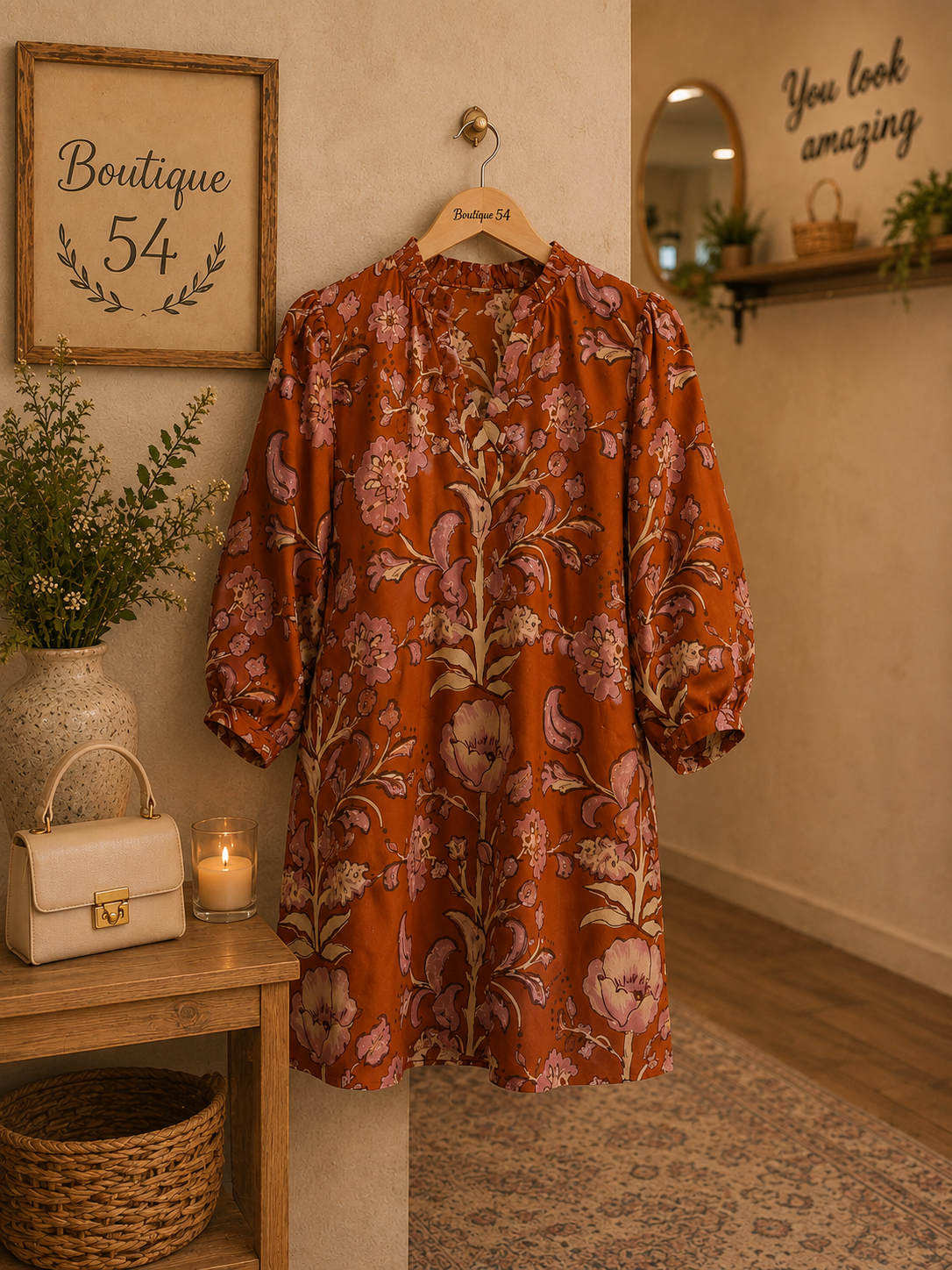 Sally Side Pocket 3/4 Sleeve Floral Dress Rust