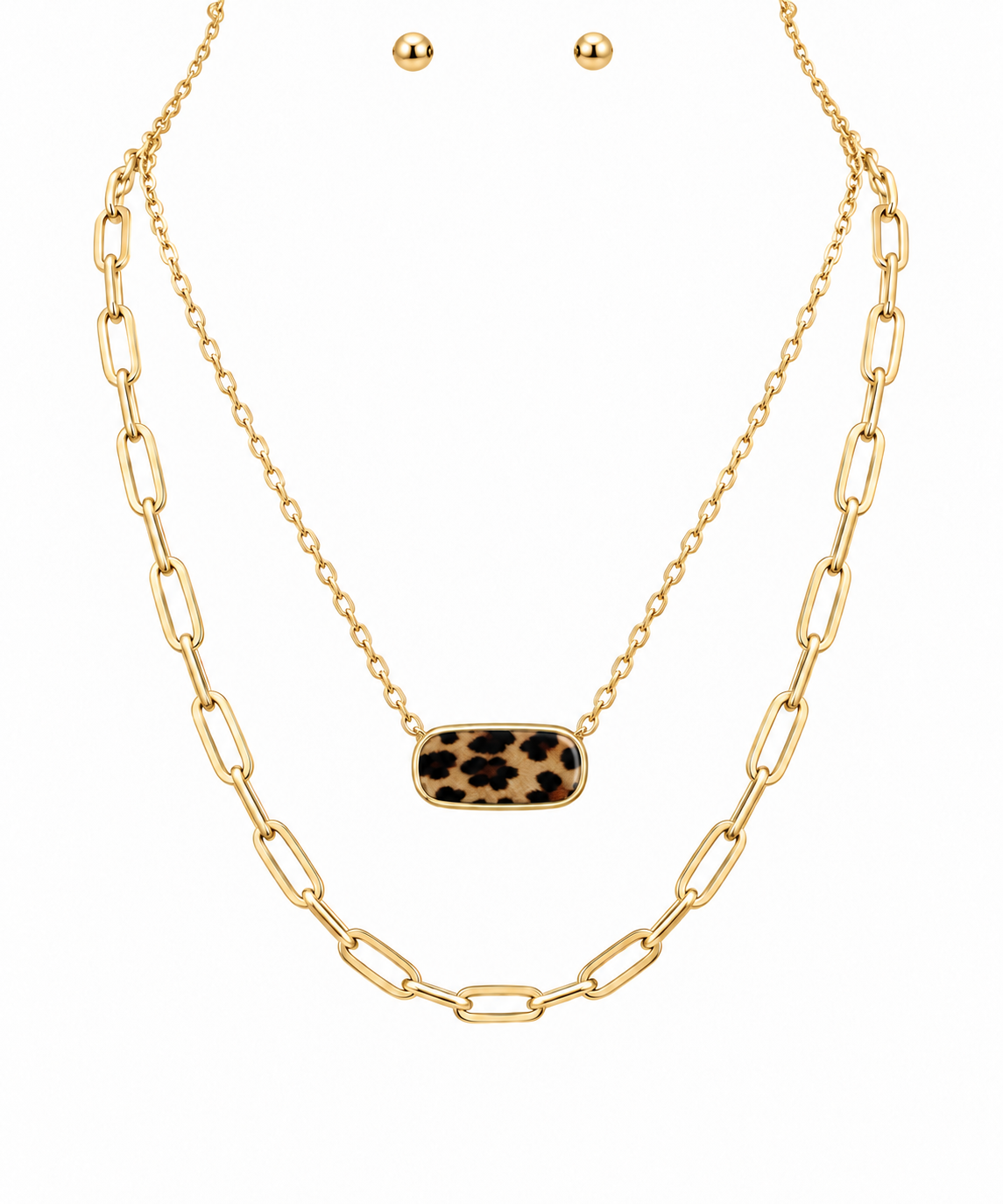 Animal Print Oval Layer Necklace Set Brown