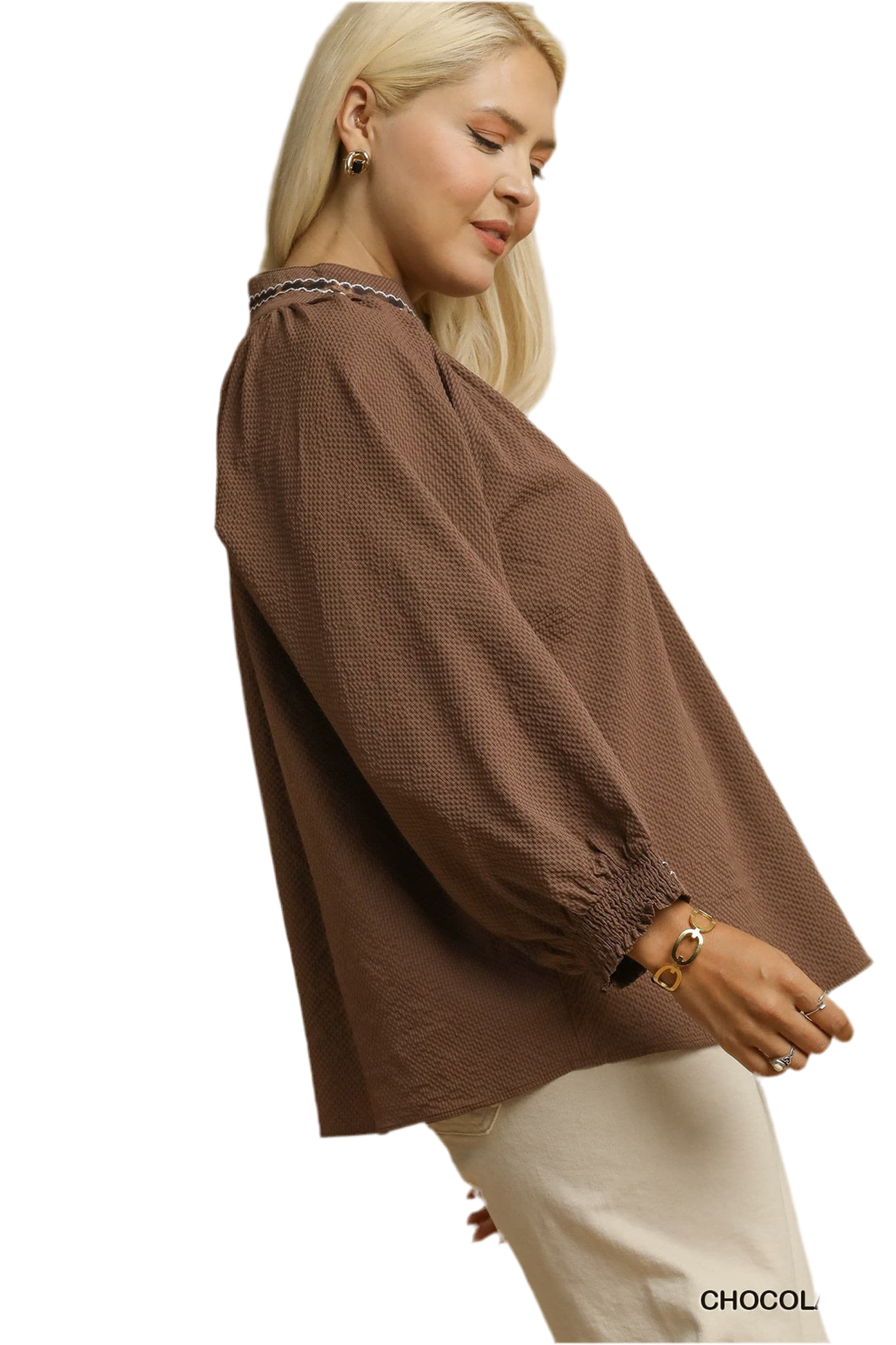 Allie Animal Print Trim V Neck Collared Top Chocolate