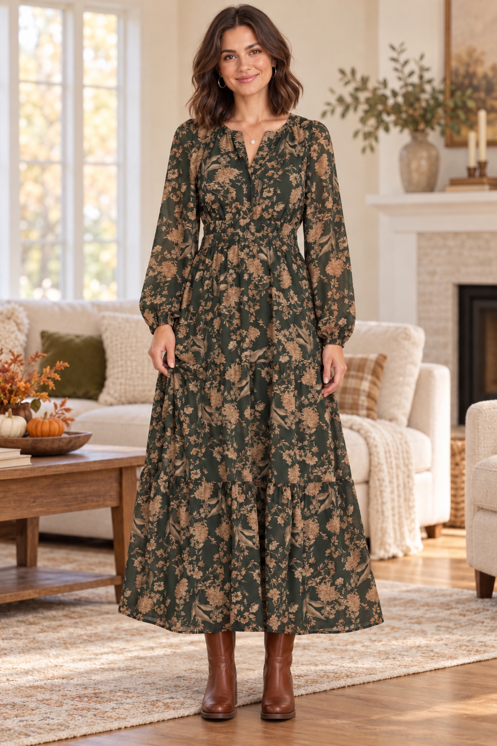 Leonora Long Sleeve Floral Tiered Maxi Dress Sea Green