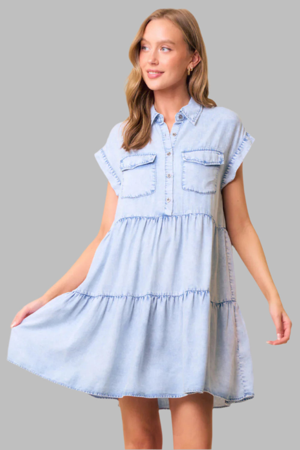 Haley Half Button Short Sleeve Tiered Dress Light Denim