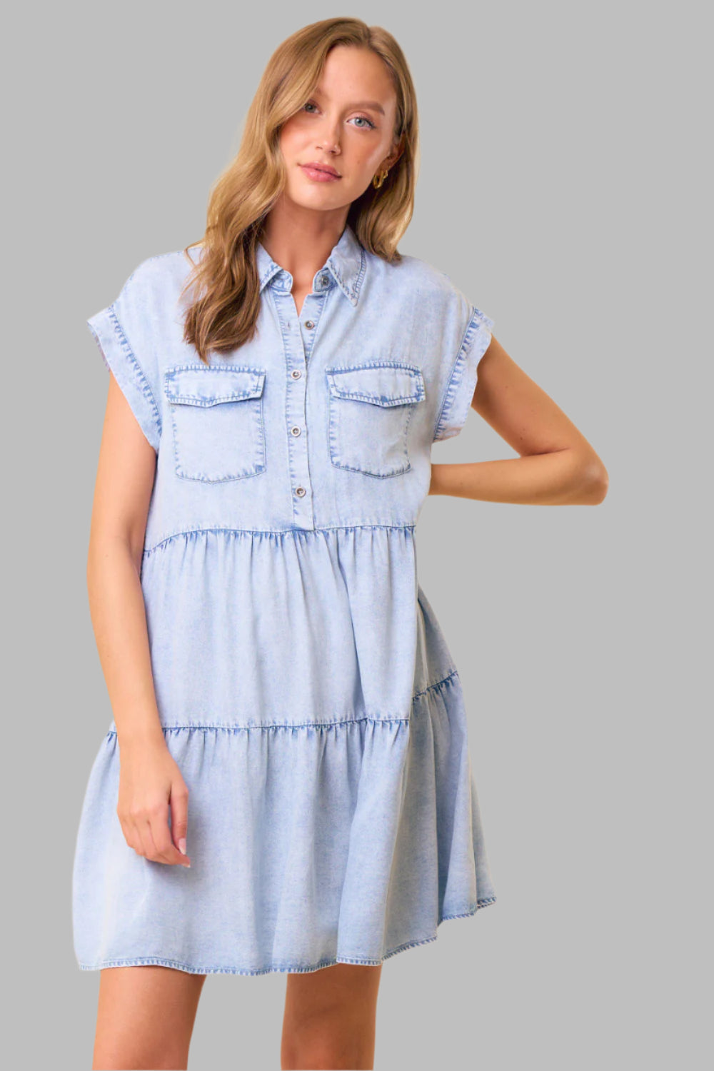 Haley Half Button Short Sleeve Tiered Dress Light Denim