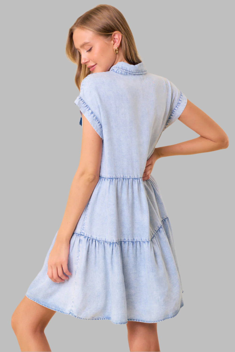 Haley Half Button Short Sleeve Tiered Dress Light Denim