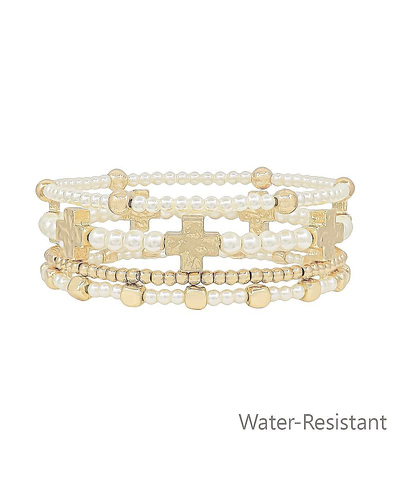 4 row Cross Station Pearl Bead Bracelet