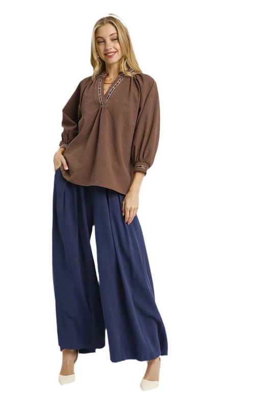 Allie Animal Print Trim V Neck Collared Top Chocolate