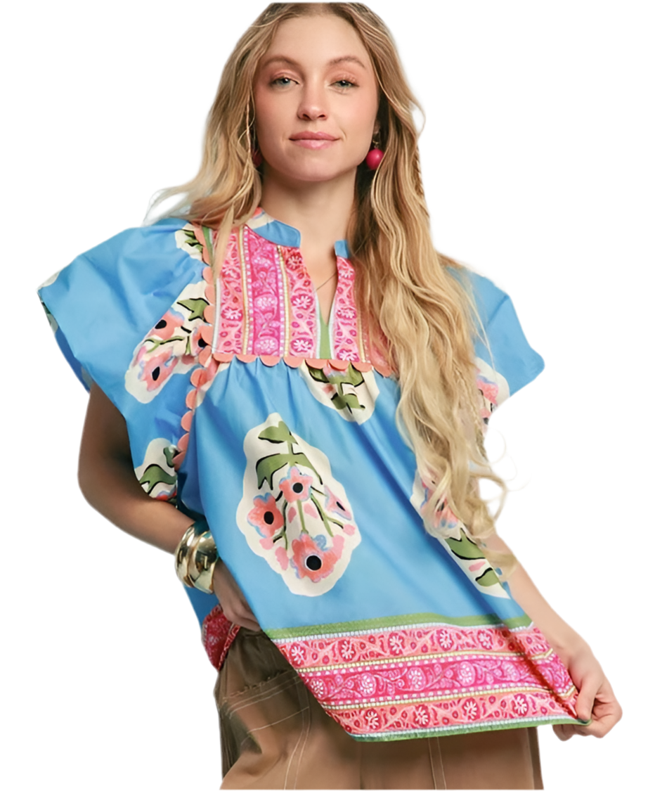 Bohemian Queen Floral Top Blue