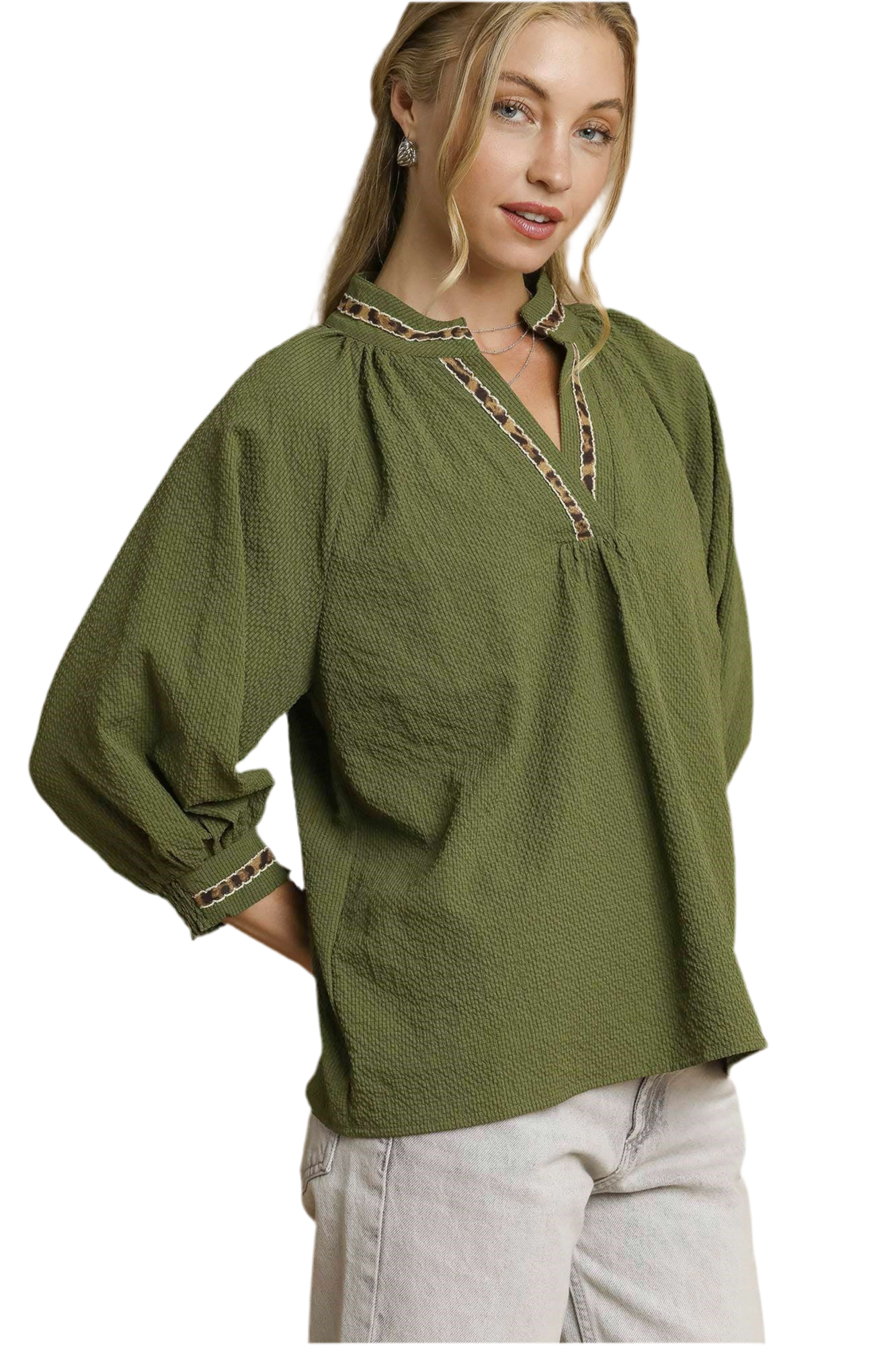 Allie Animal Print Trim V Neck Collared Top Olive
