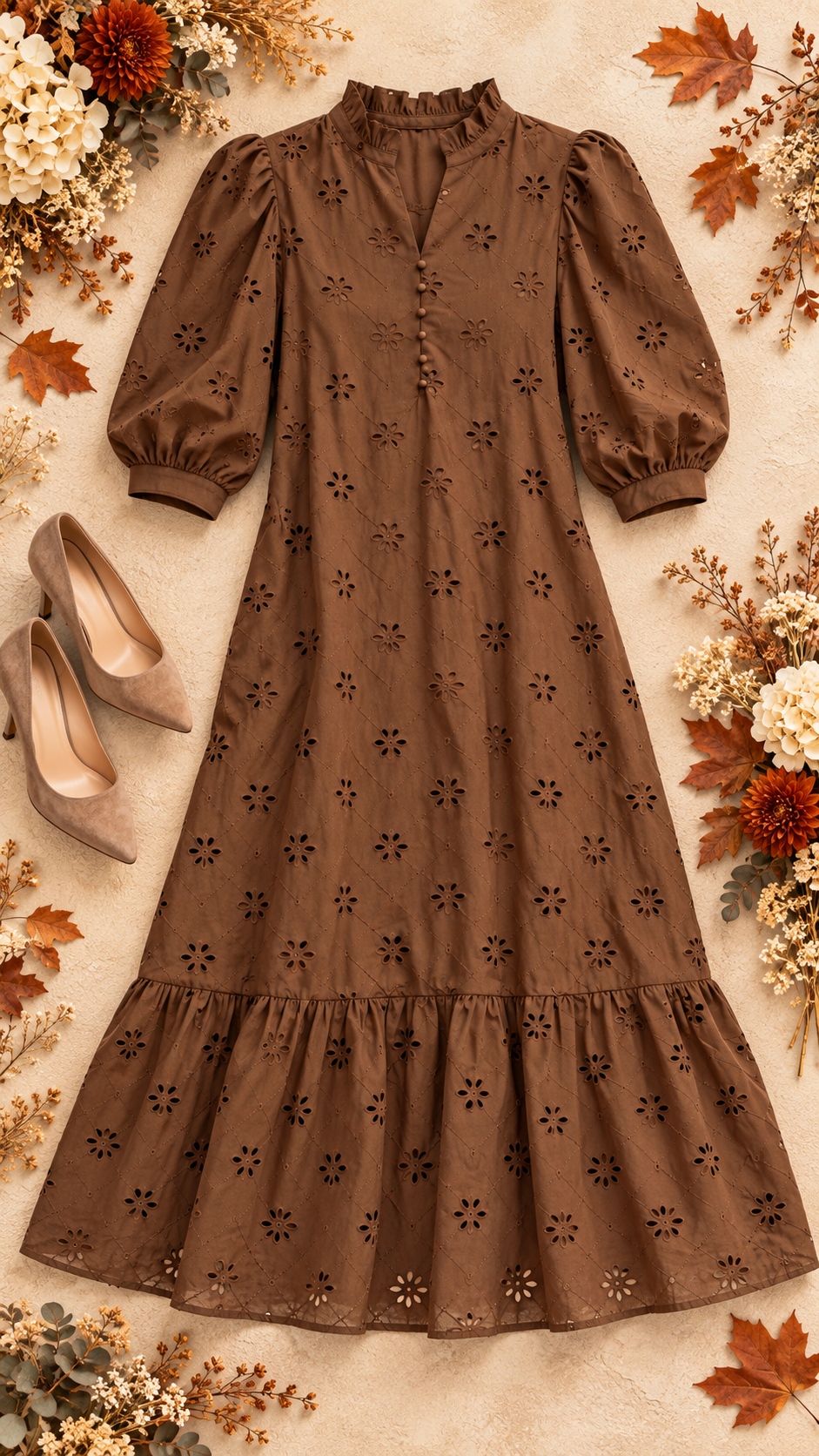 Skylar Solid 3/4 Puff Sleeve Dress Brown