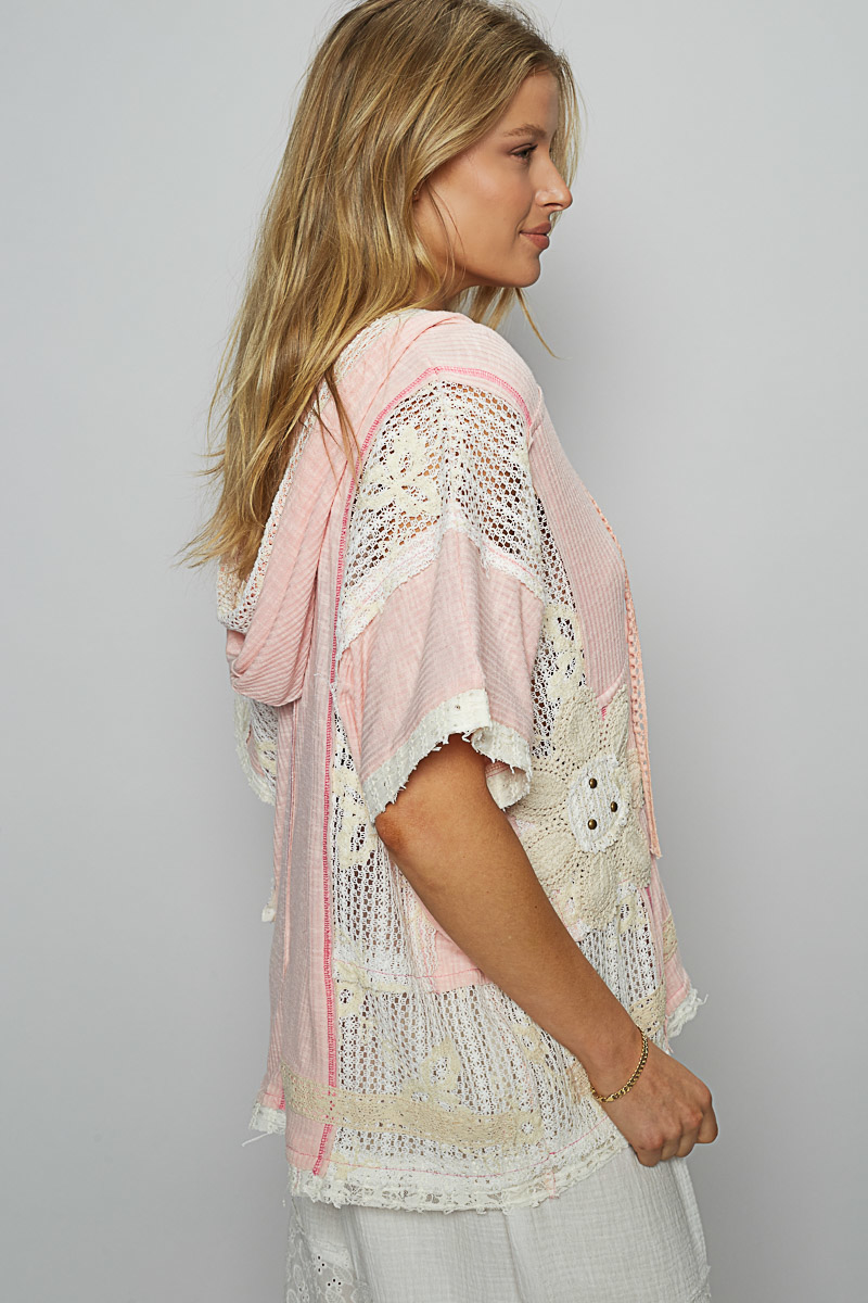 Farrah Floral Lace V-Neck Hoodie Top Blush Pink