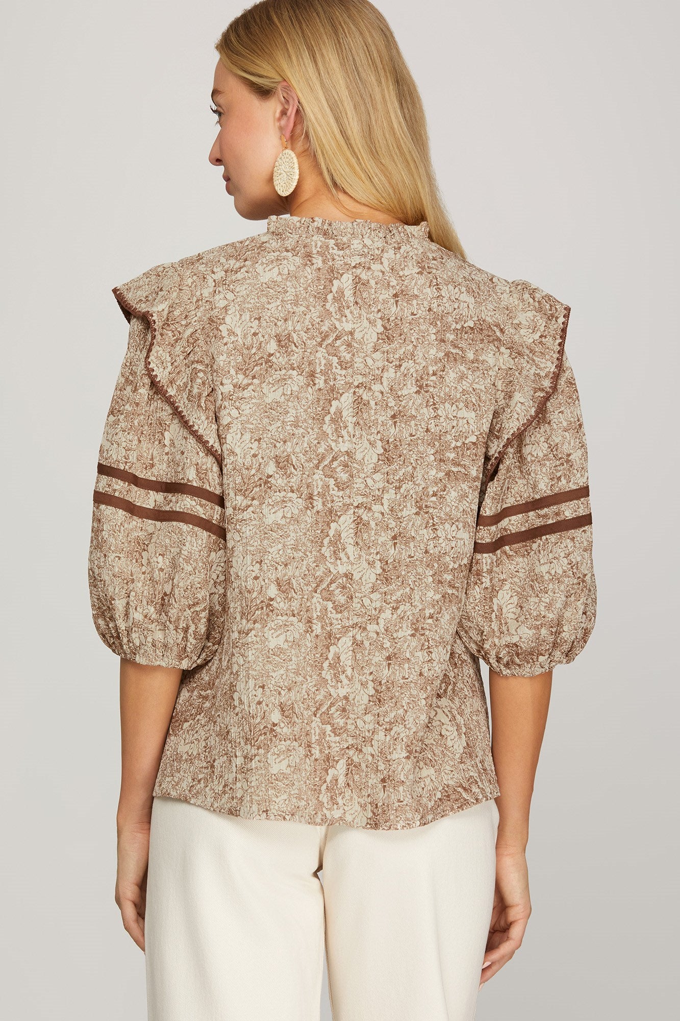 Addy Abstract Floral Print #/4 Sleeve Top Mocha
