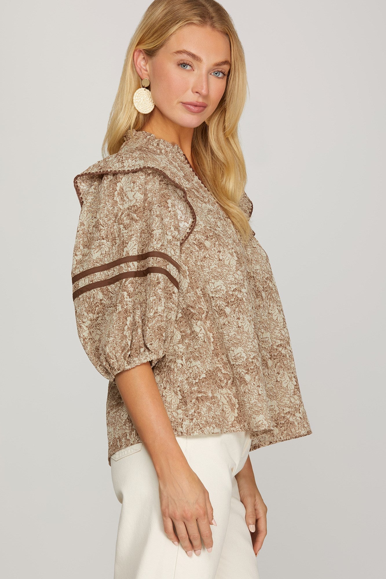 Addy Abstract Floral Print #/4 Sleeve Top Mocha