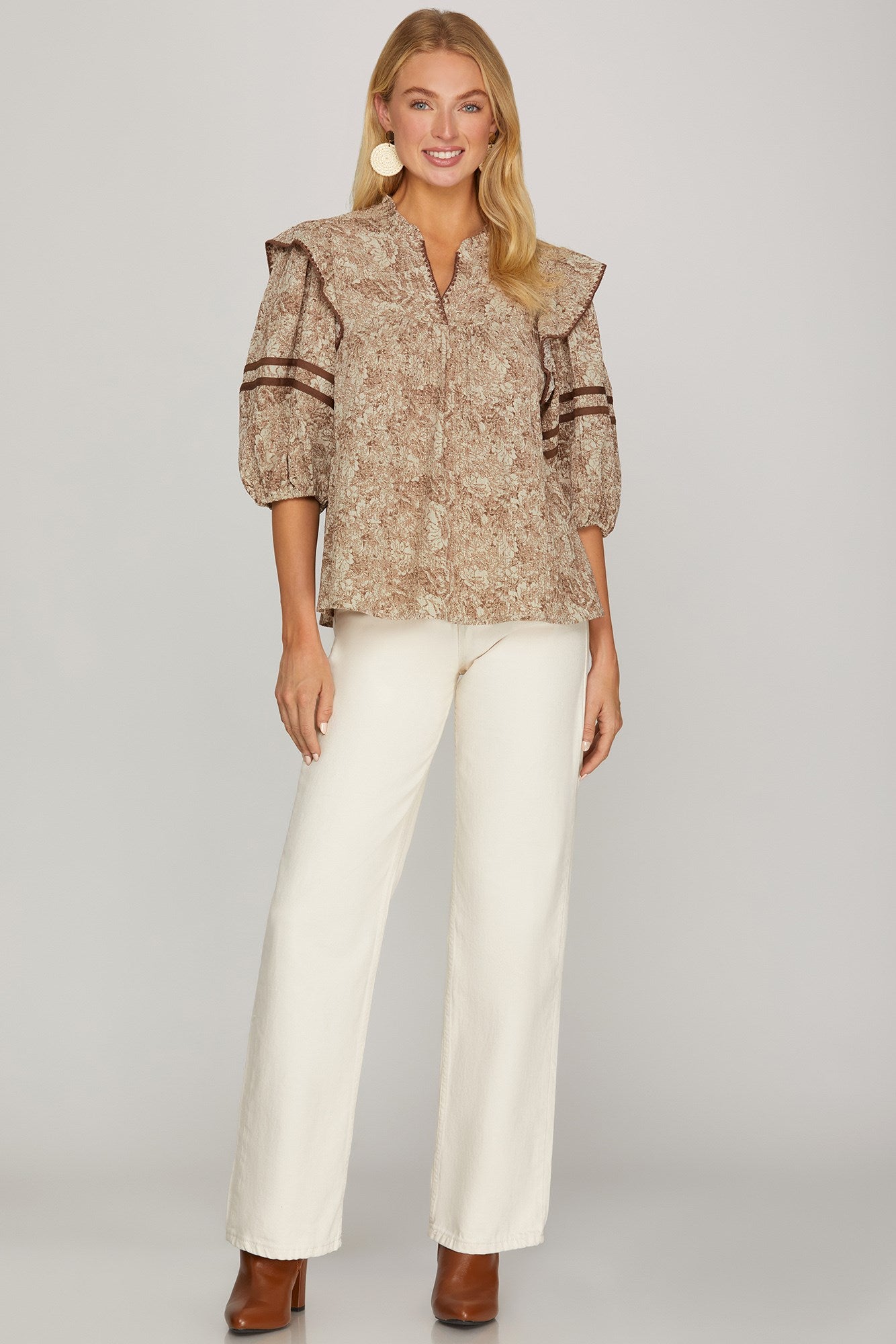 Addy Abstract Floral Print #/4 Sleeve Top Mocha