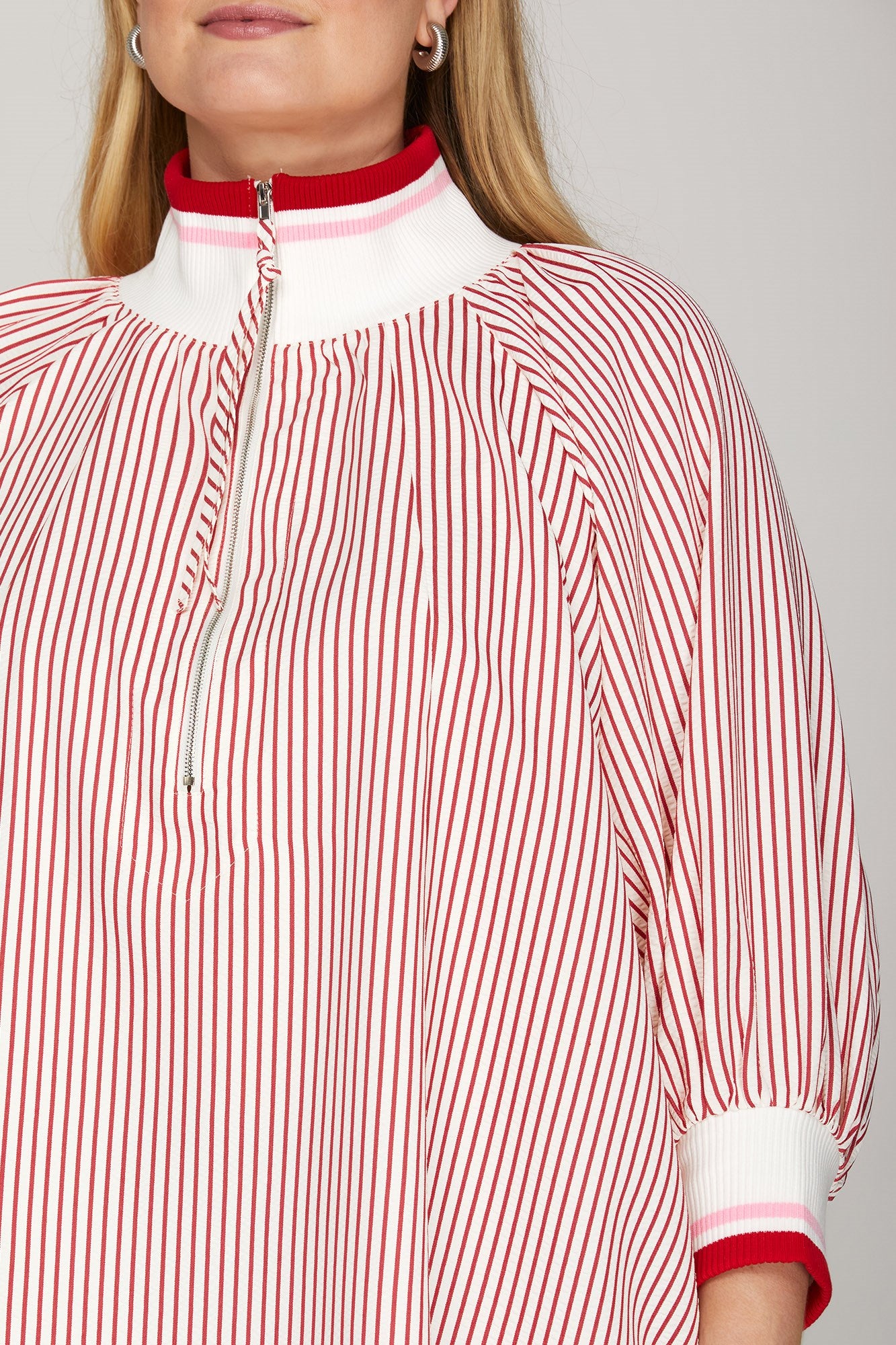 Shemika 3/4 Sleeve Half Zip Striped Top Red