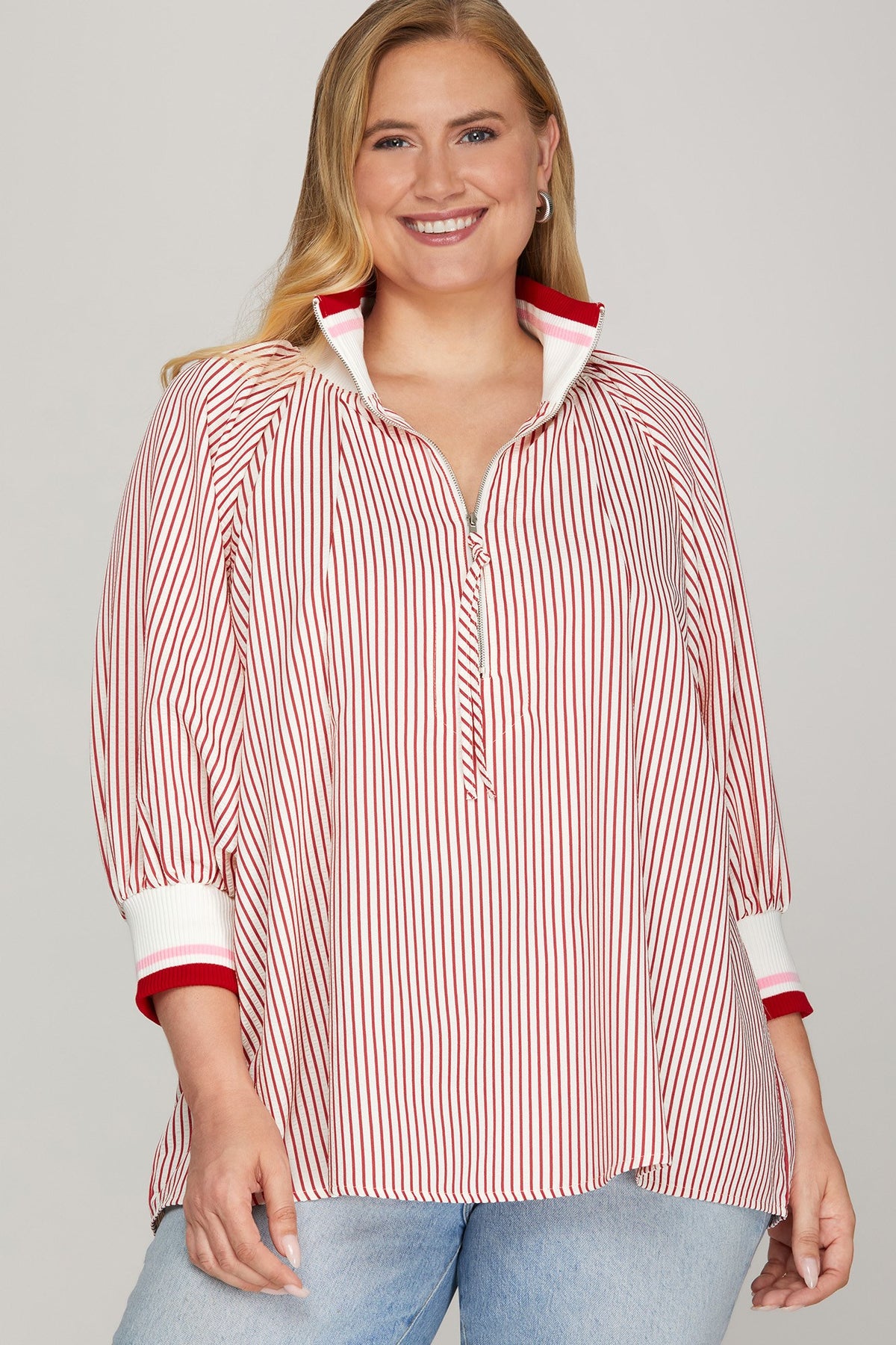 Shemika 3/4 Sleeve Half Zip Striped Top Red