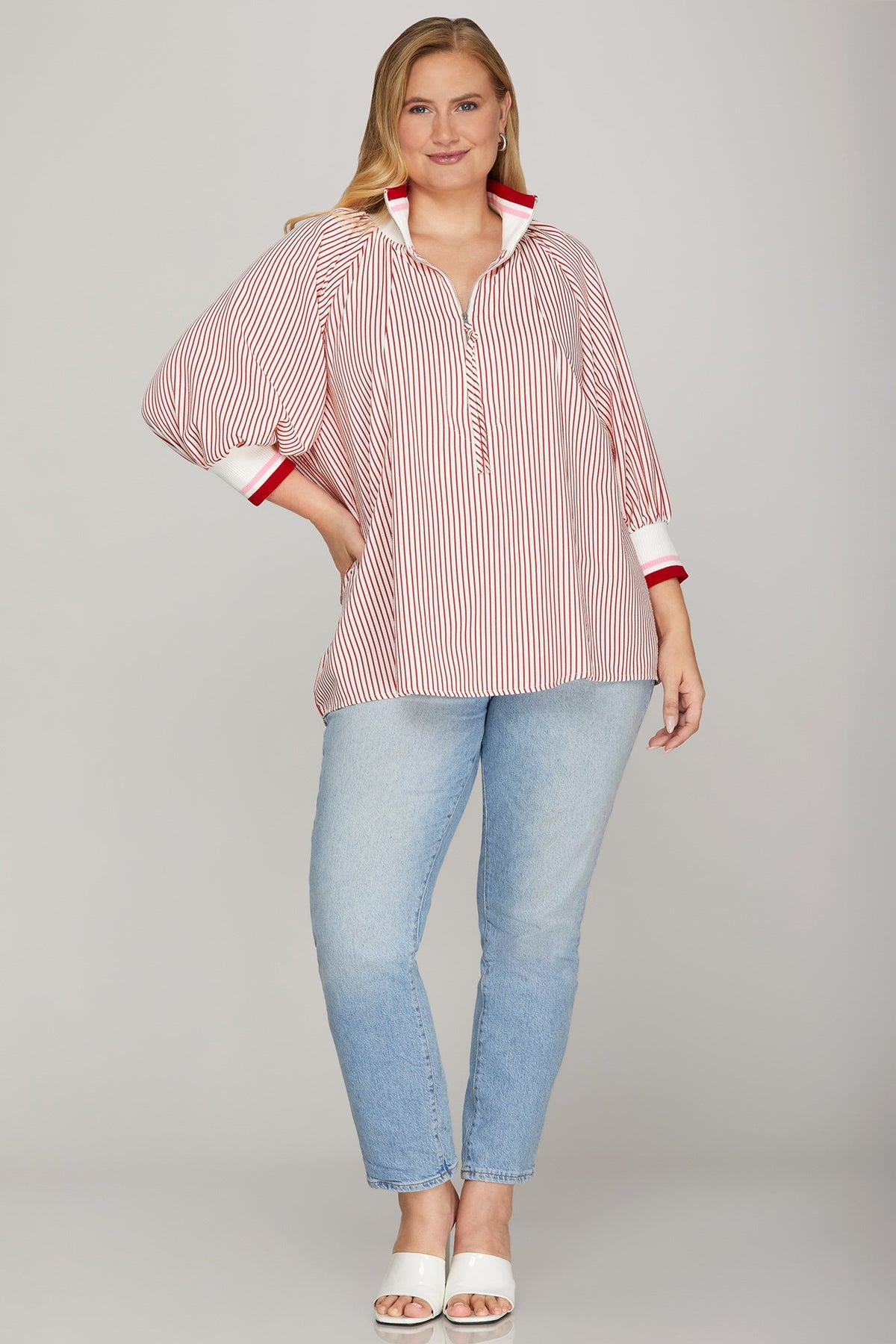 Shemika 3/4 Sleeve Half Zip Striped Top Red