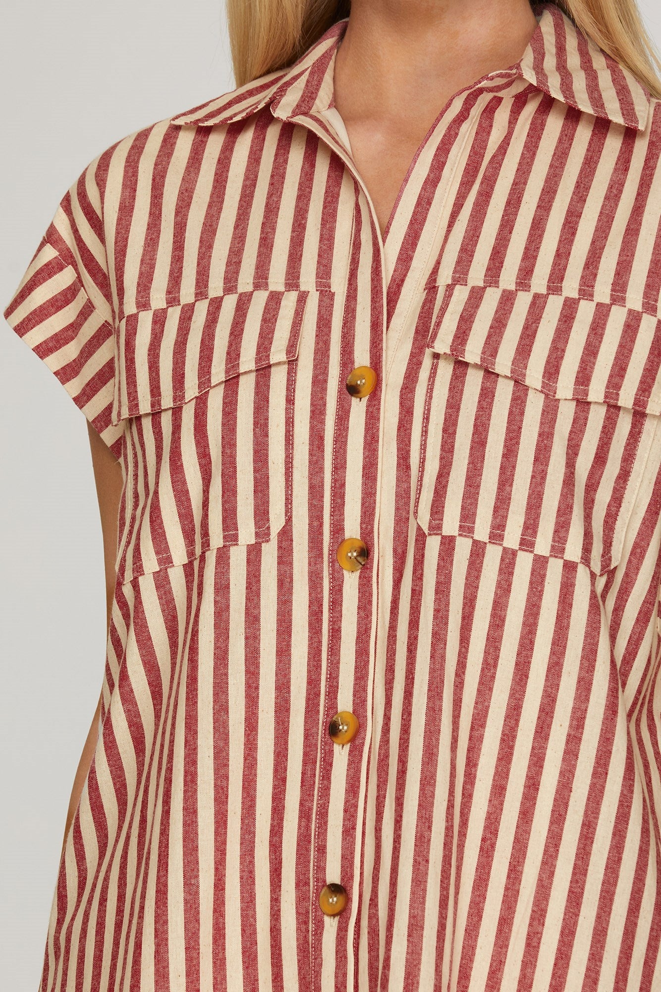 Dawn Collared Button Down Stripe Mini Dress Red