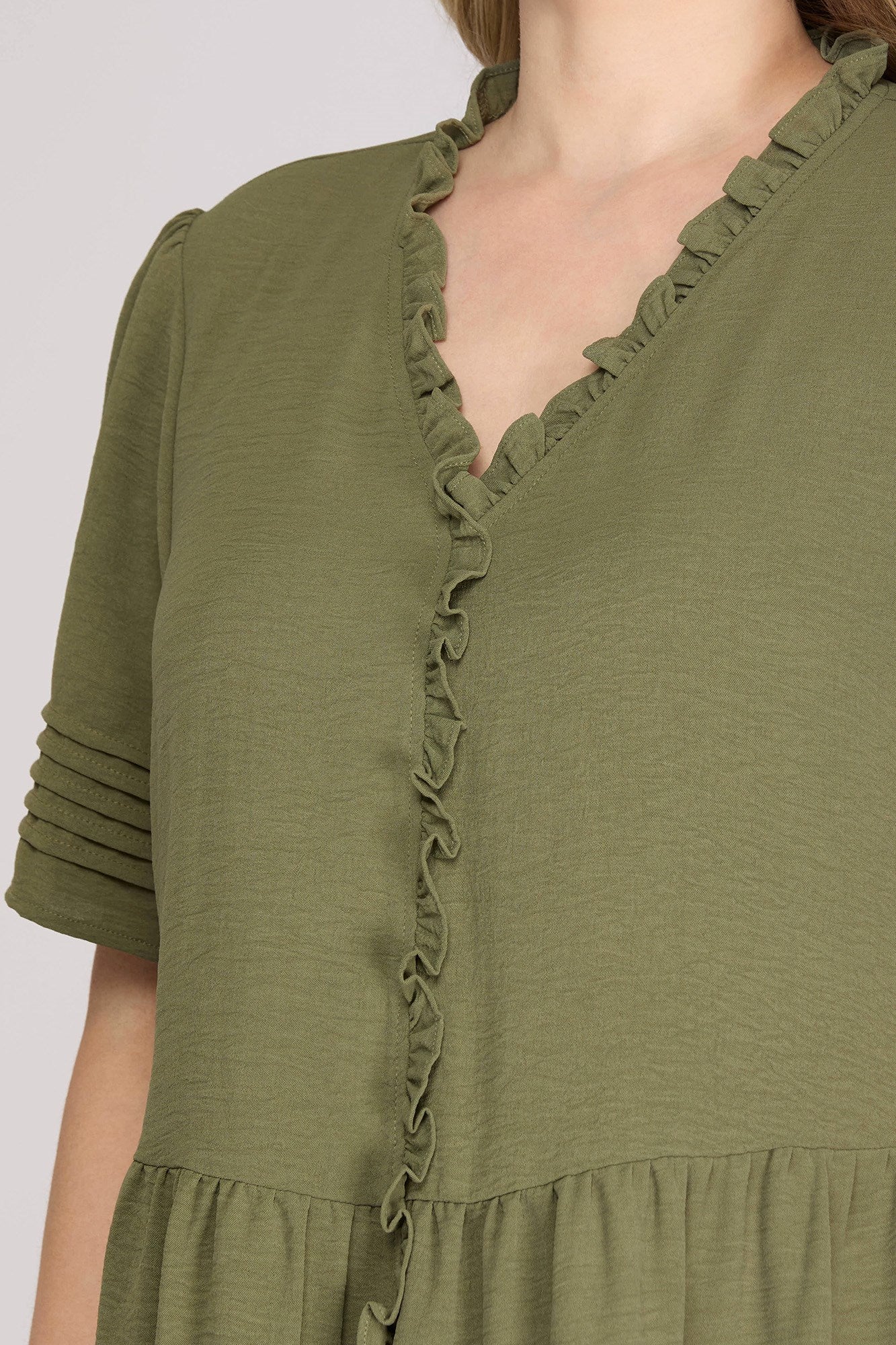 Haley Half Pleated Sleeve Ruffled Detail Tiered Mini Dress Olive