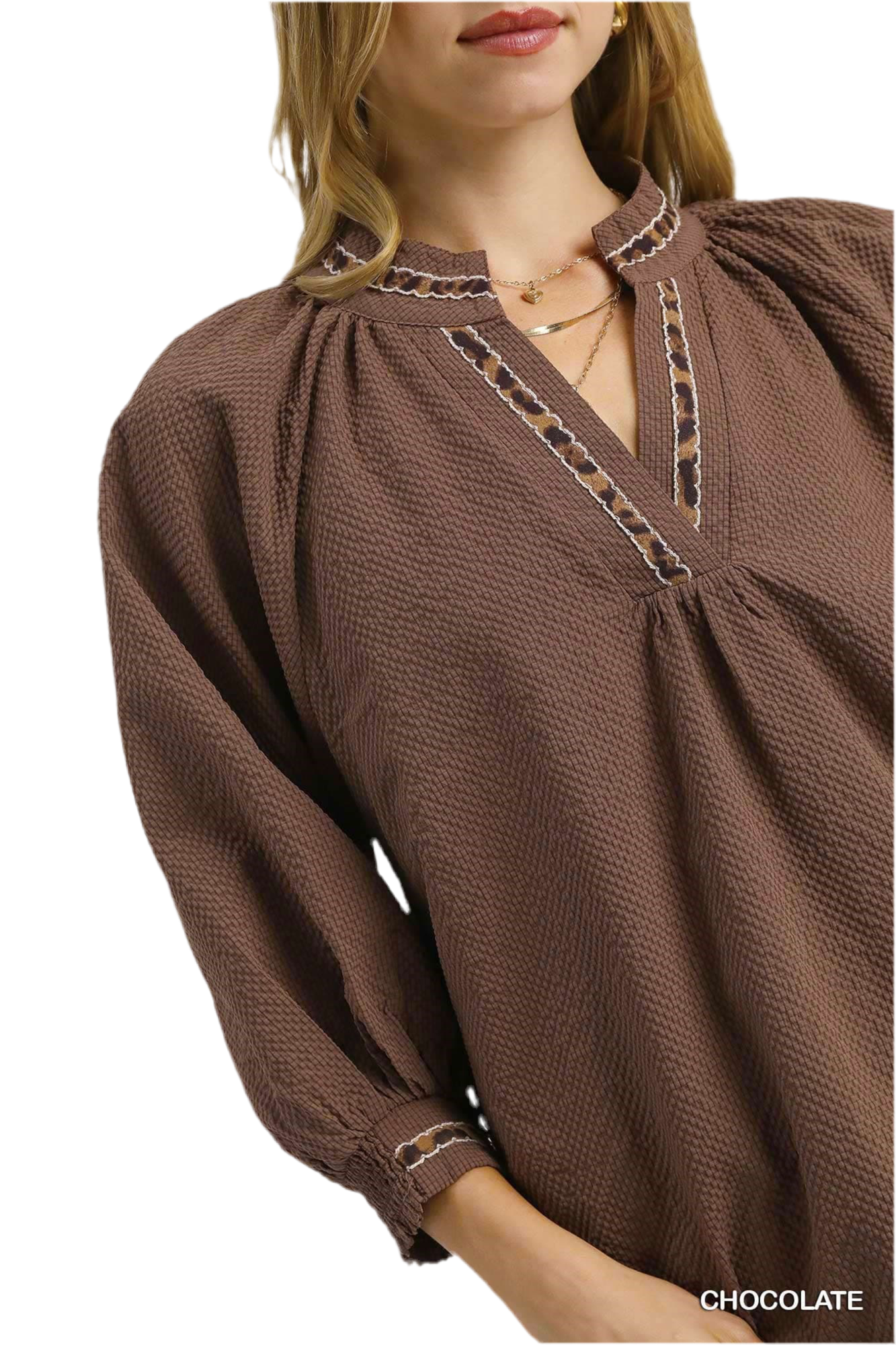Allie Animal Print Trim V Neck Collared Top Chocolate