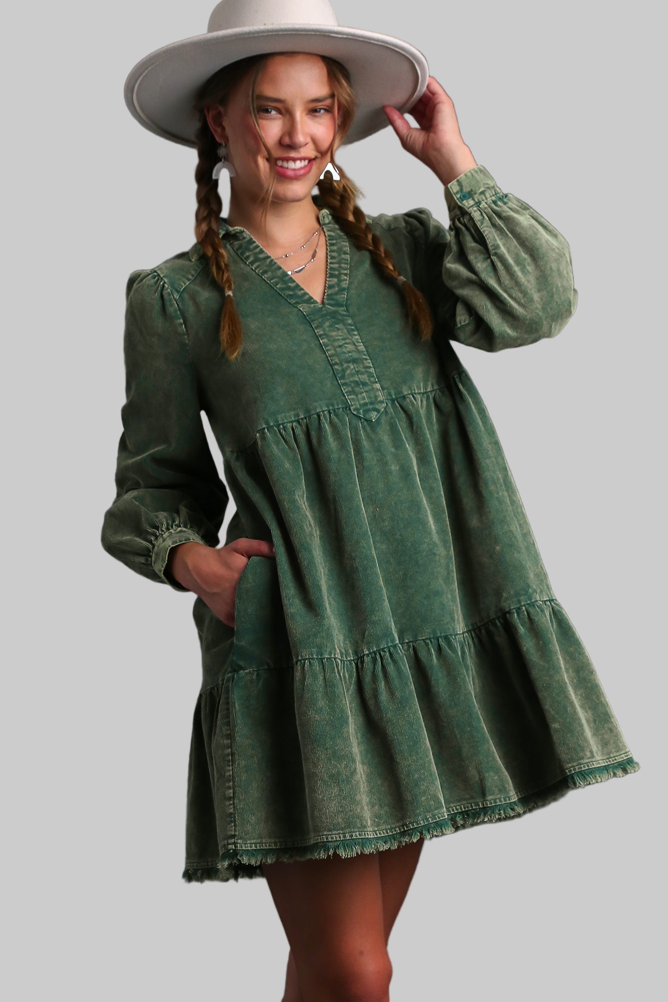 hunter green corduroy dress Go-Getter Girl Olive Green Corduroy Mini Dress With Pockets
