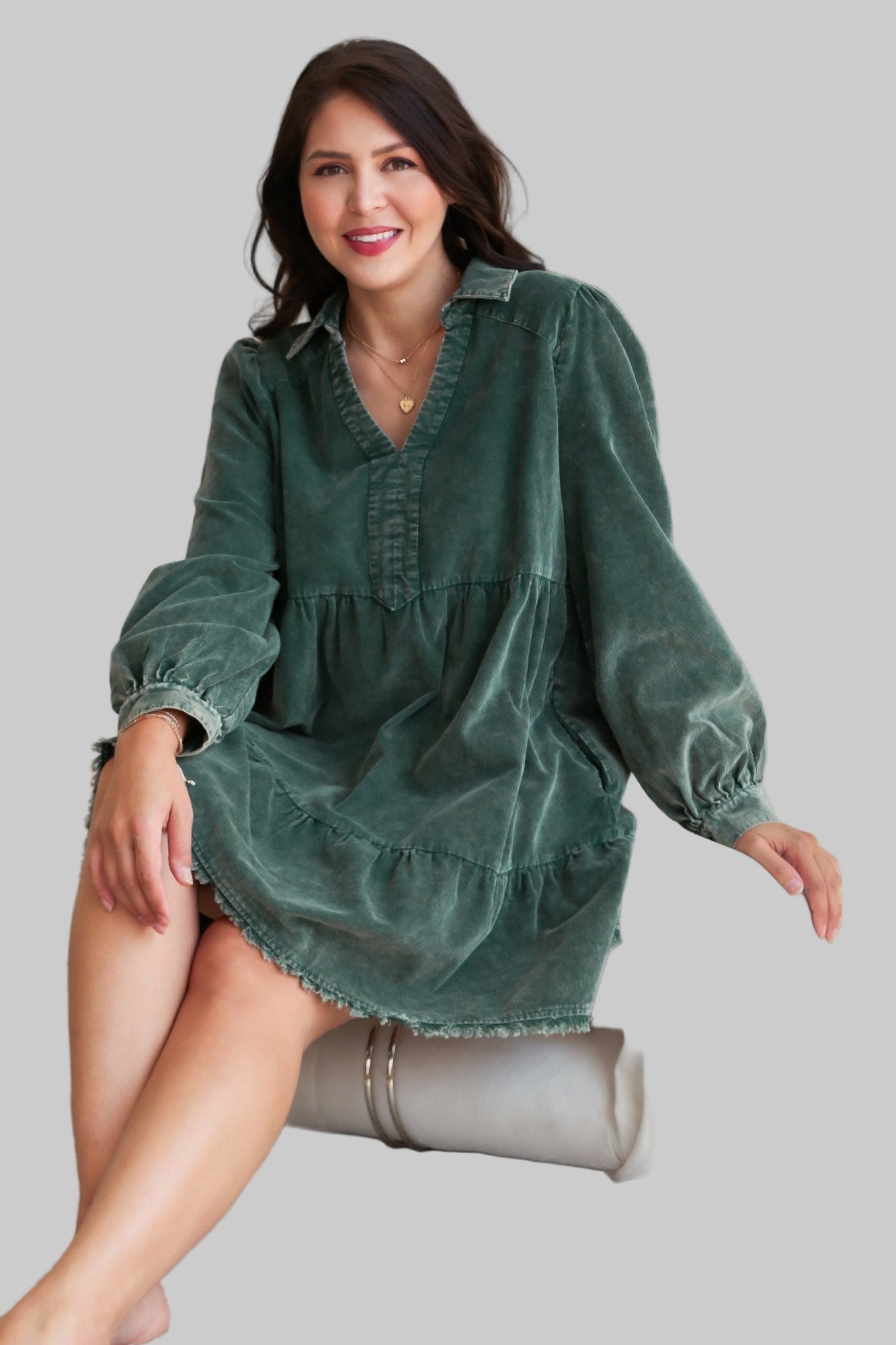 Sydney Stone Wash Corduroy Dress Hunter Green