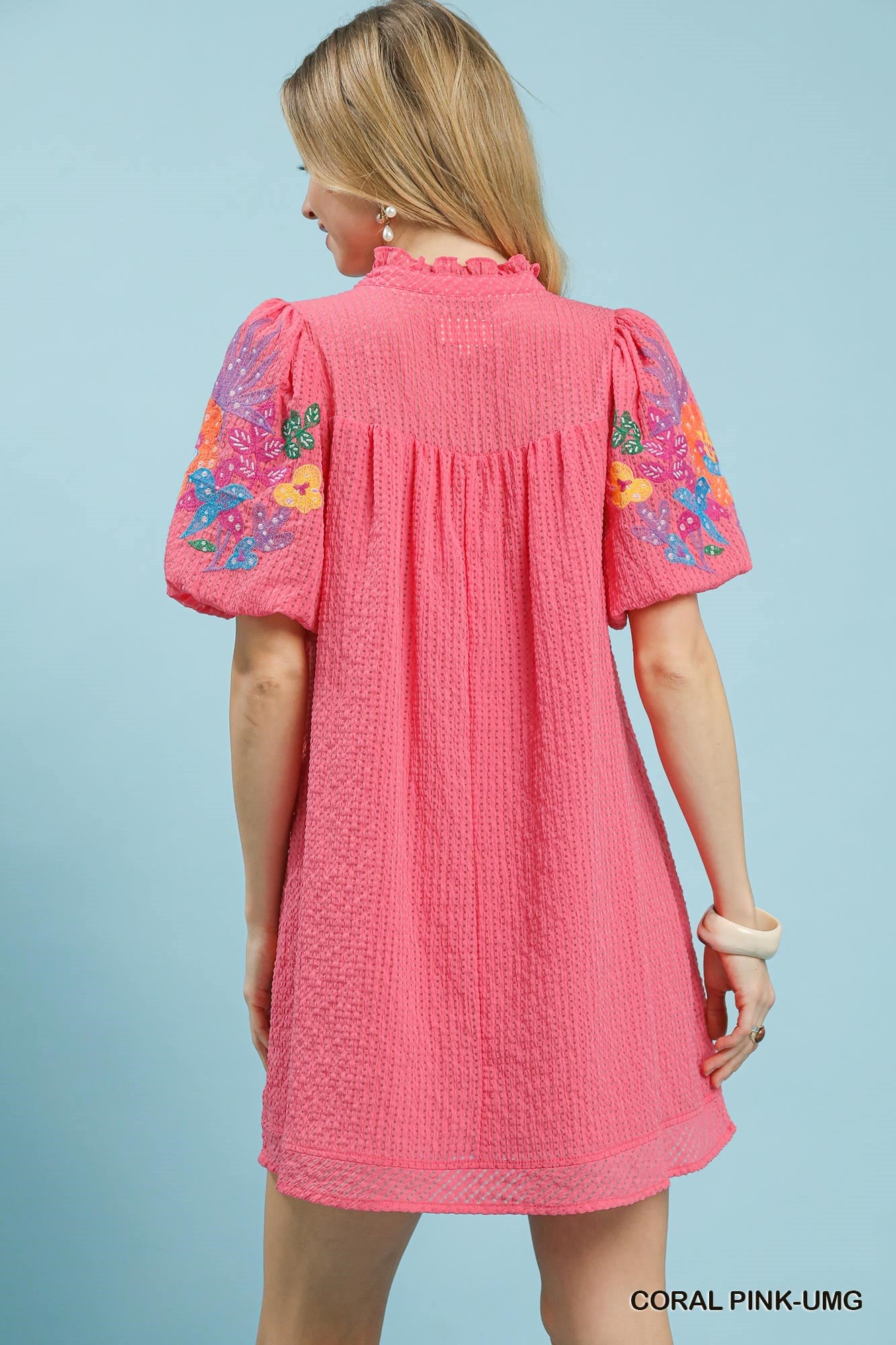 Elaina Embroidery Sleeve Dress Coral Pink