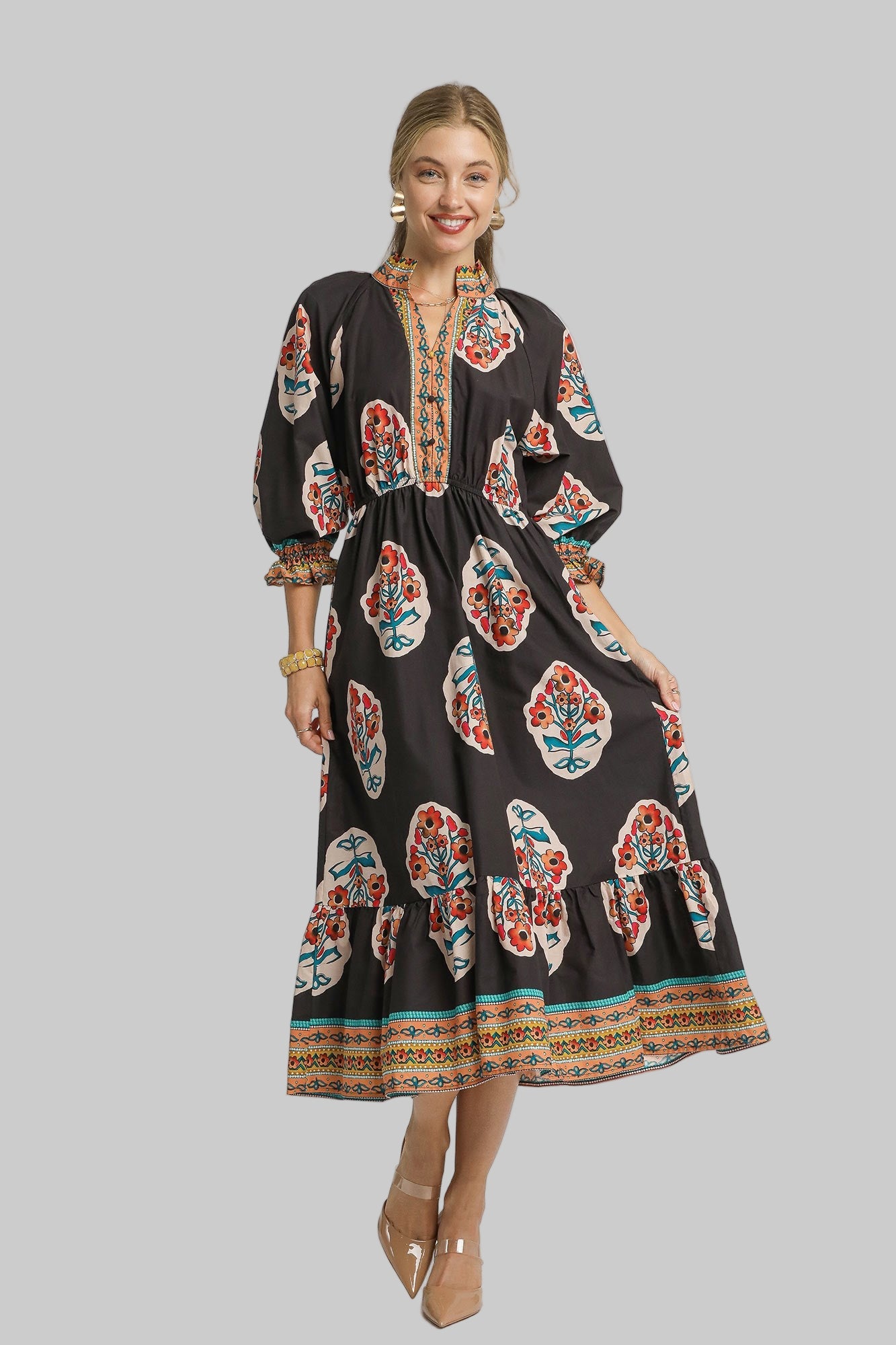 Faith Flower Patch Border Print V Neck Midi Dress Chocolate