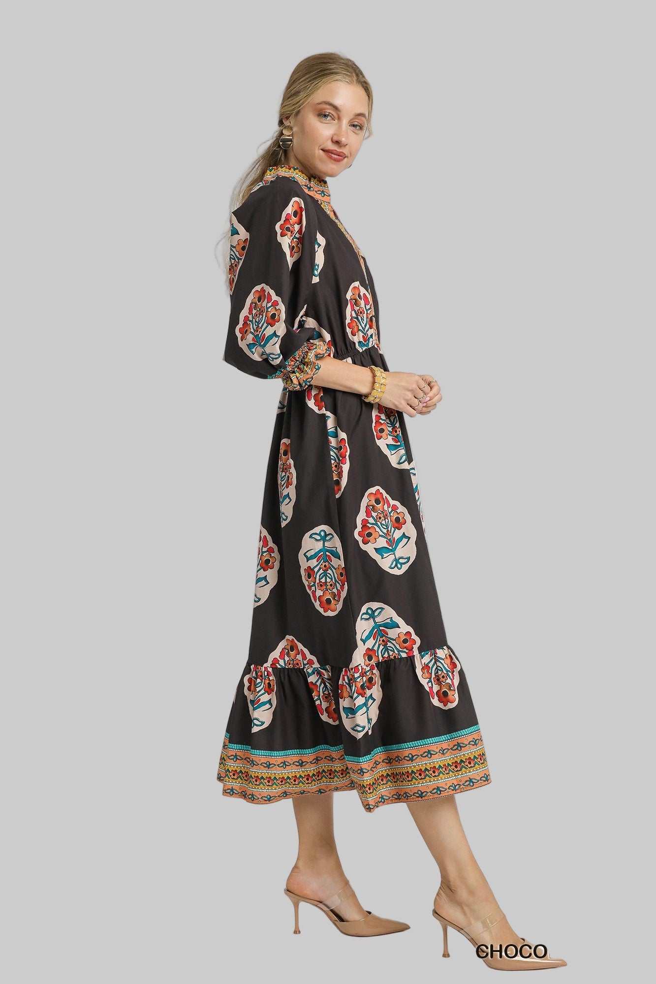 Faith Flower Patch Border Print V Neck Midi Dress Chocolate