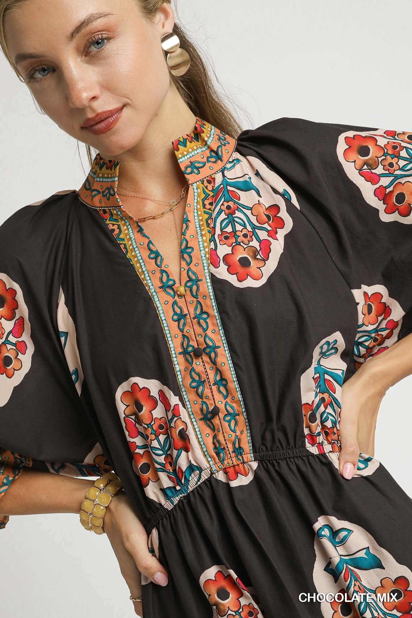 Faith Flower Patch Border Print V Neck Midi Dress Chocolate