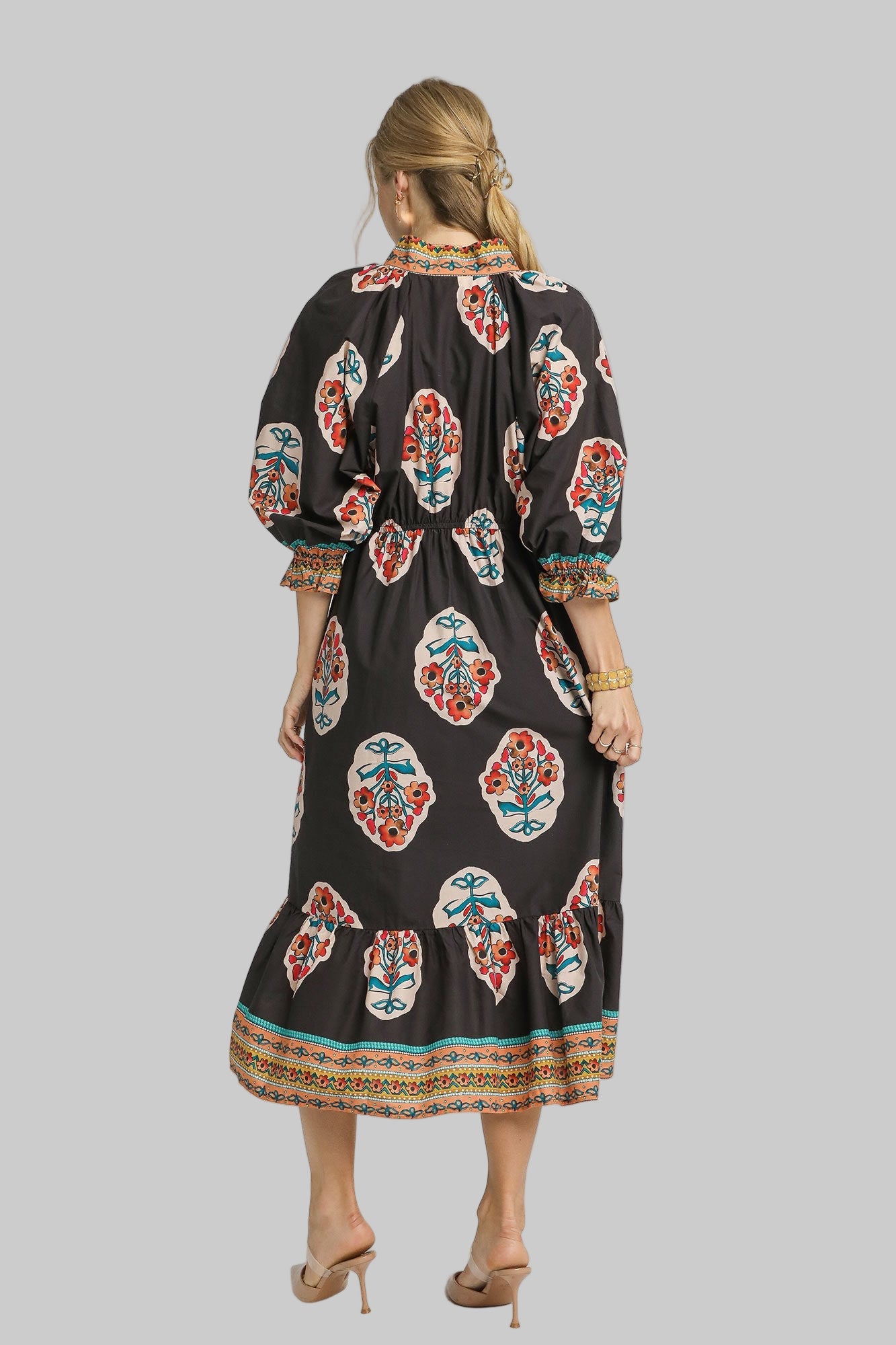 Faith Flower Patch Border Print V Neck Midi Dress Chocolate