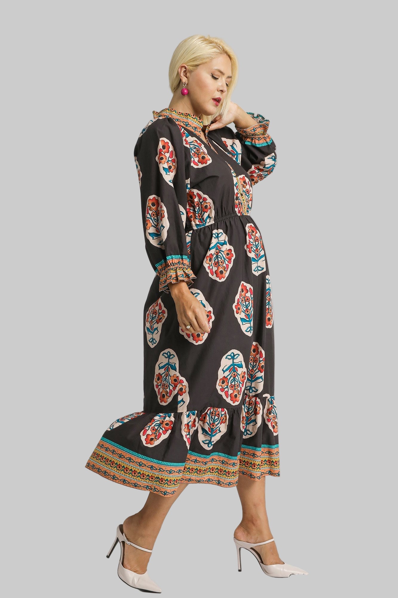 Faith Flower Patch Border Print V Neck Midi Dress Chocolate