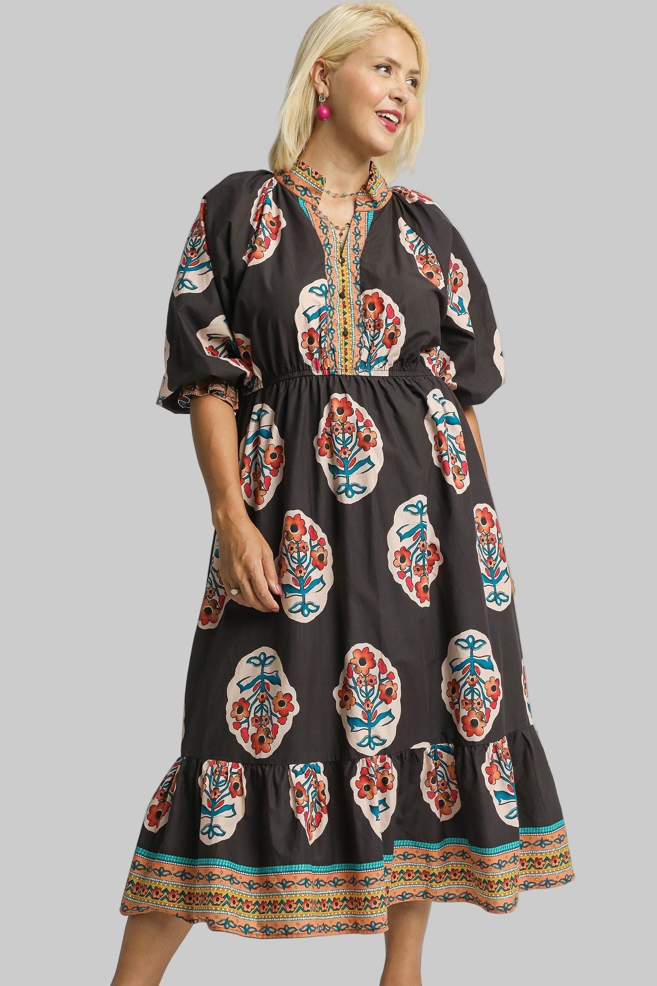 Faith Flower Patch Border Print V Neck Midi Dress Chocolate