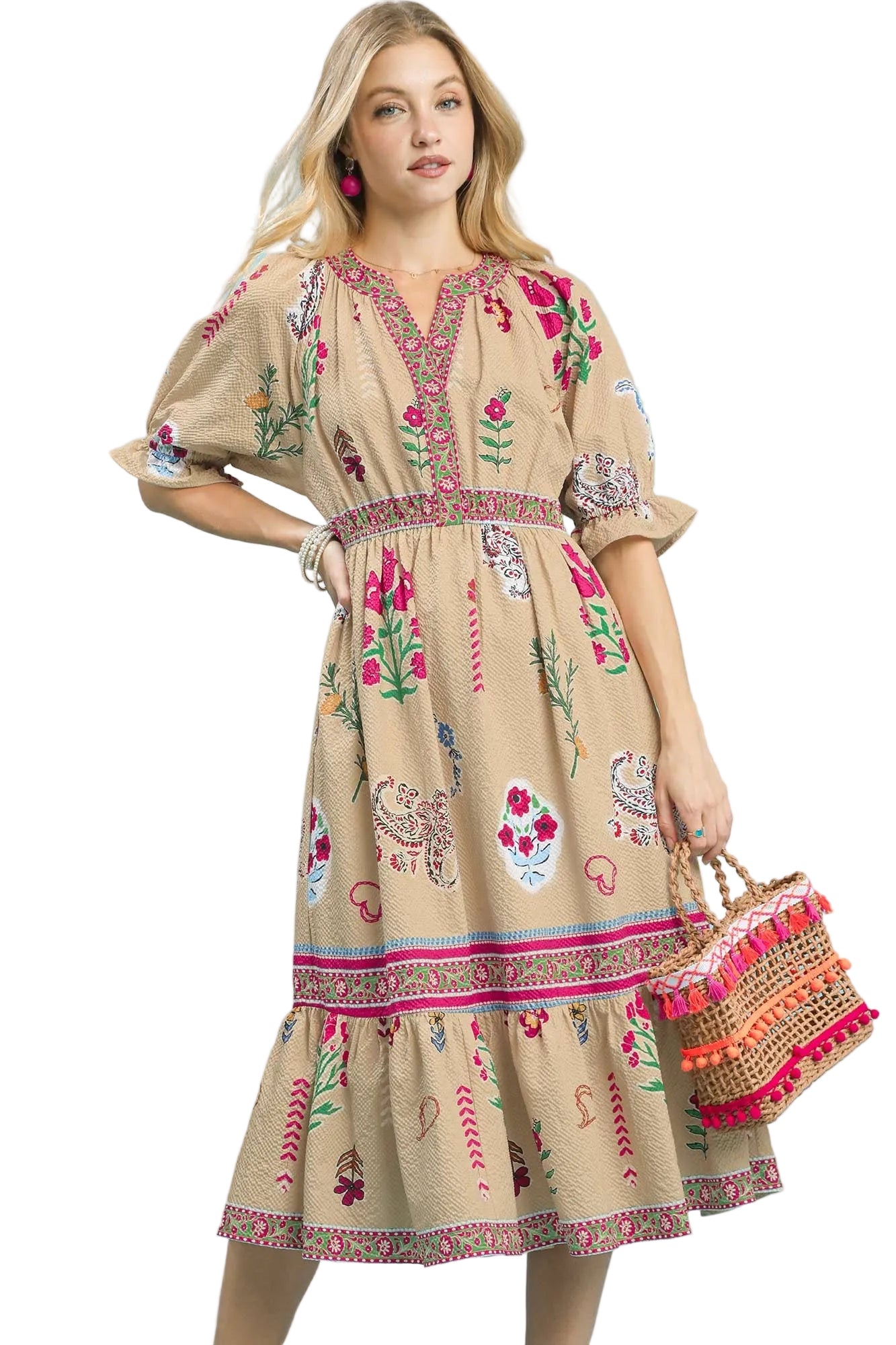 Fallen Floral Collage Print Y Neck Midi Dress Taupe