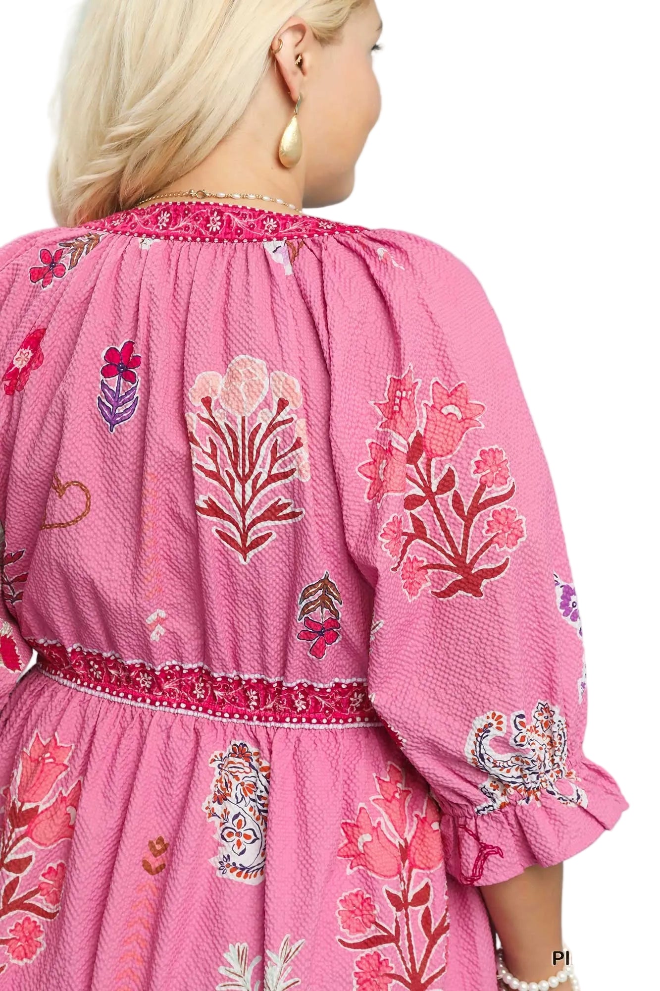 Fallen Floral Collage Print Y Neck Midi Dress Pink