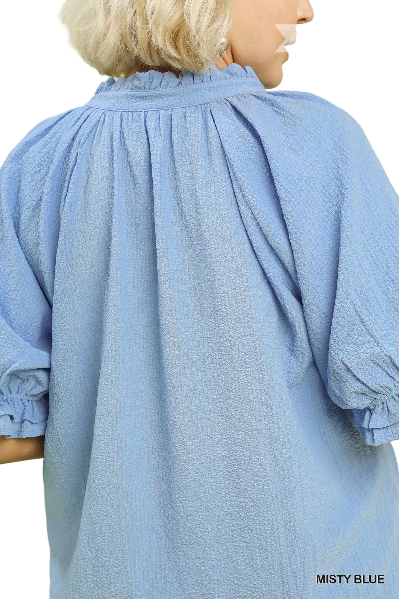 Sylvia Seersucker Ruffle Collar Puff Sleeve Top Misty Blue