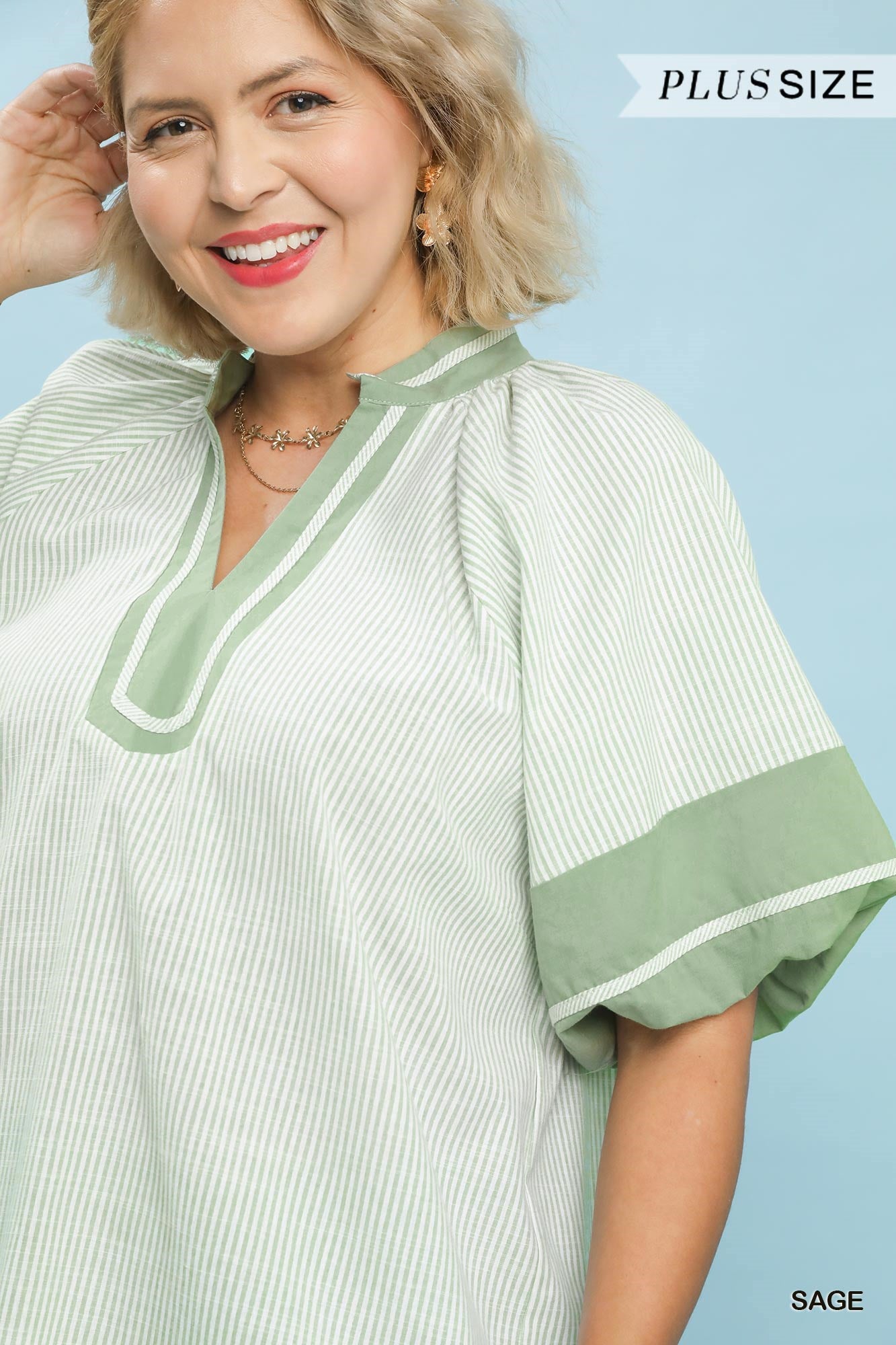 Selena Striped Mixed V Neck Top Sage