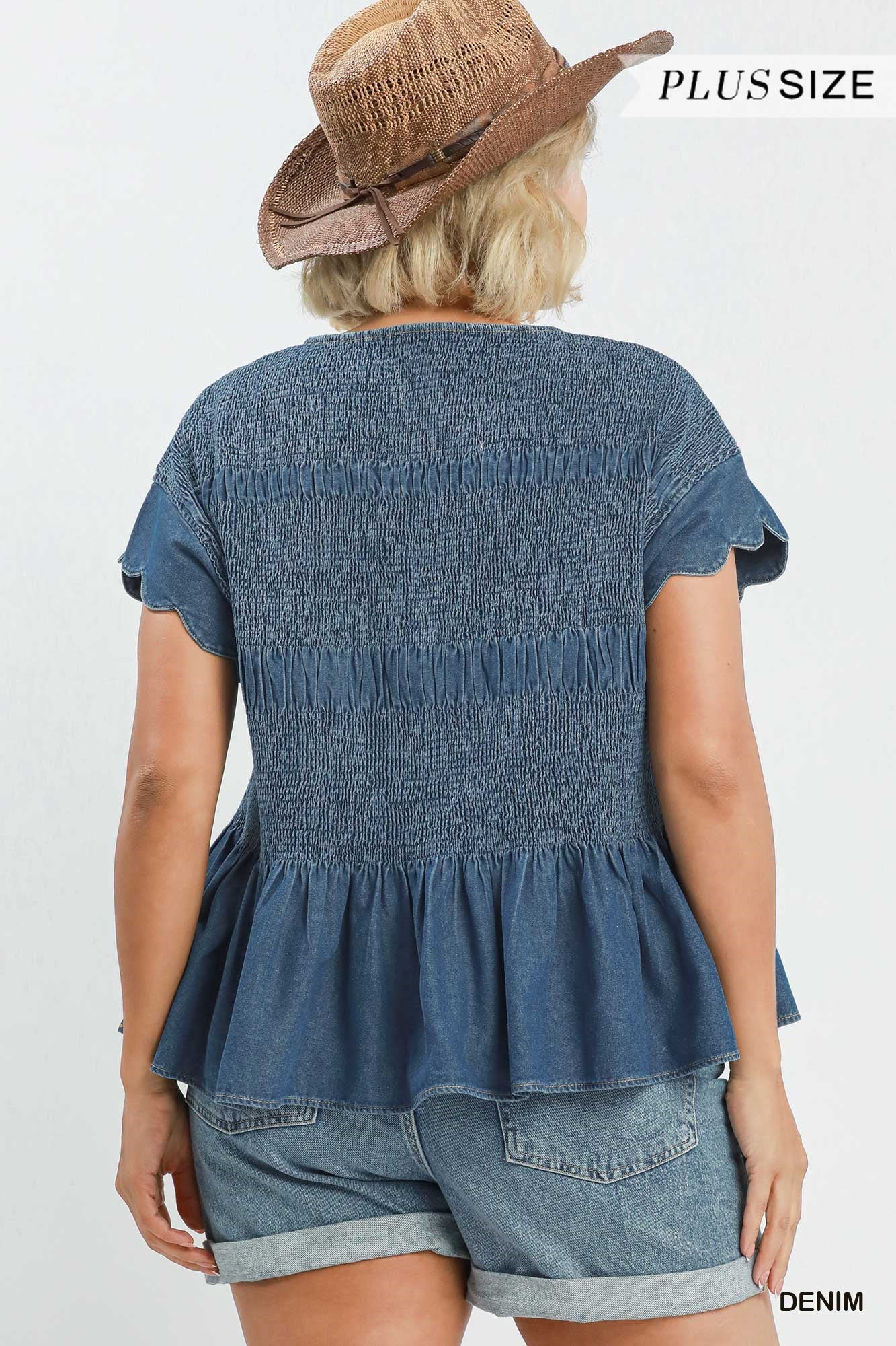 Chasidy Chambray Smocked Peplum Top Denim
