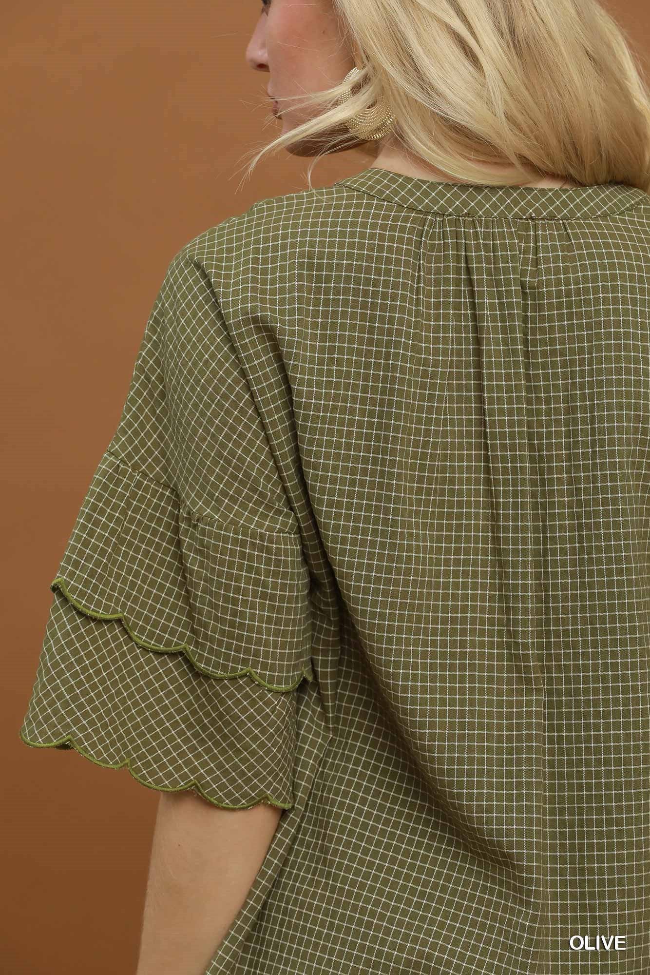 Candace Checkered Tiered Ruffled Sleeve Blouse Olive