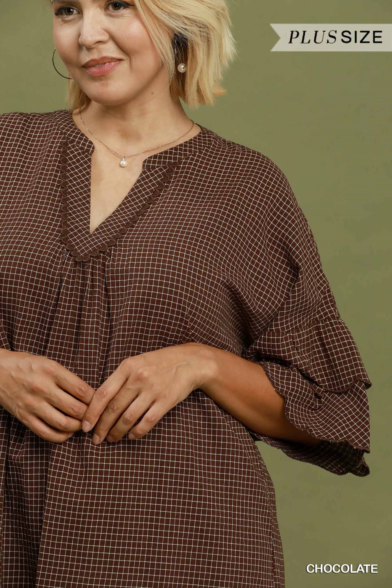 Candace Checkered Tiered Ruffled Sleeve Blouse Chocolate