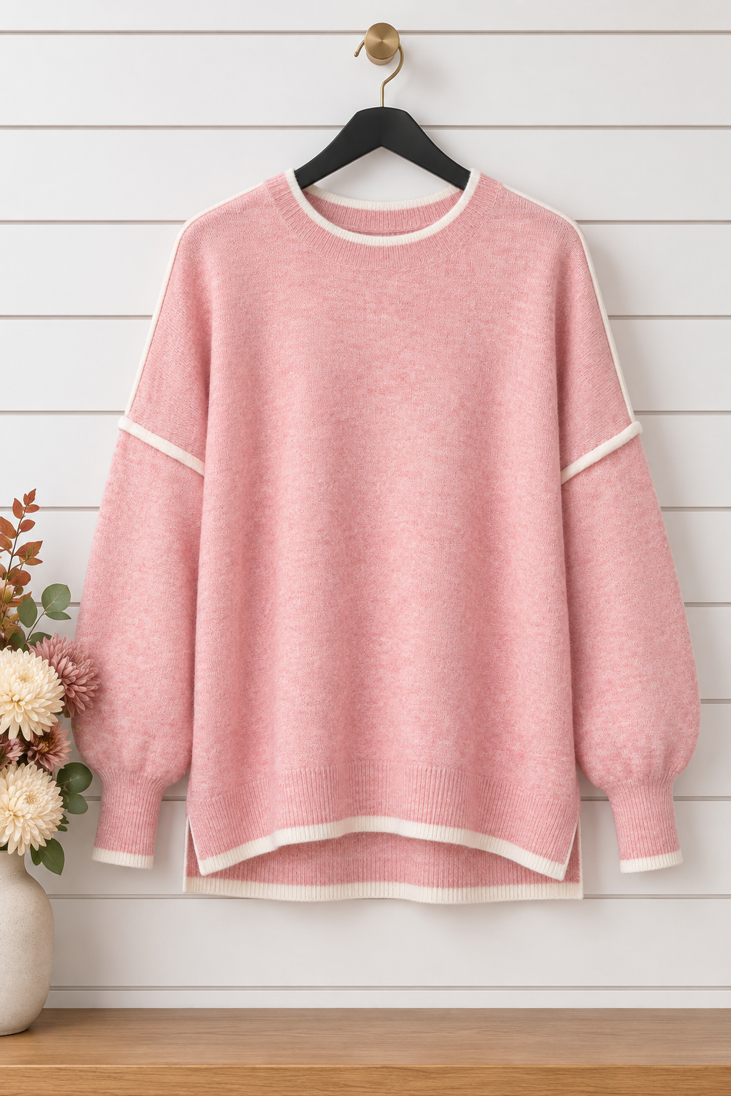 Lyric Long Sleeve Contrast Sweater Top Pink