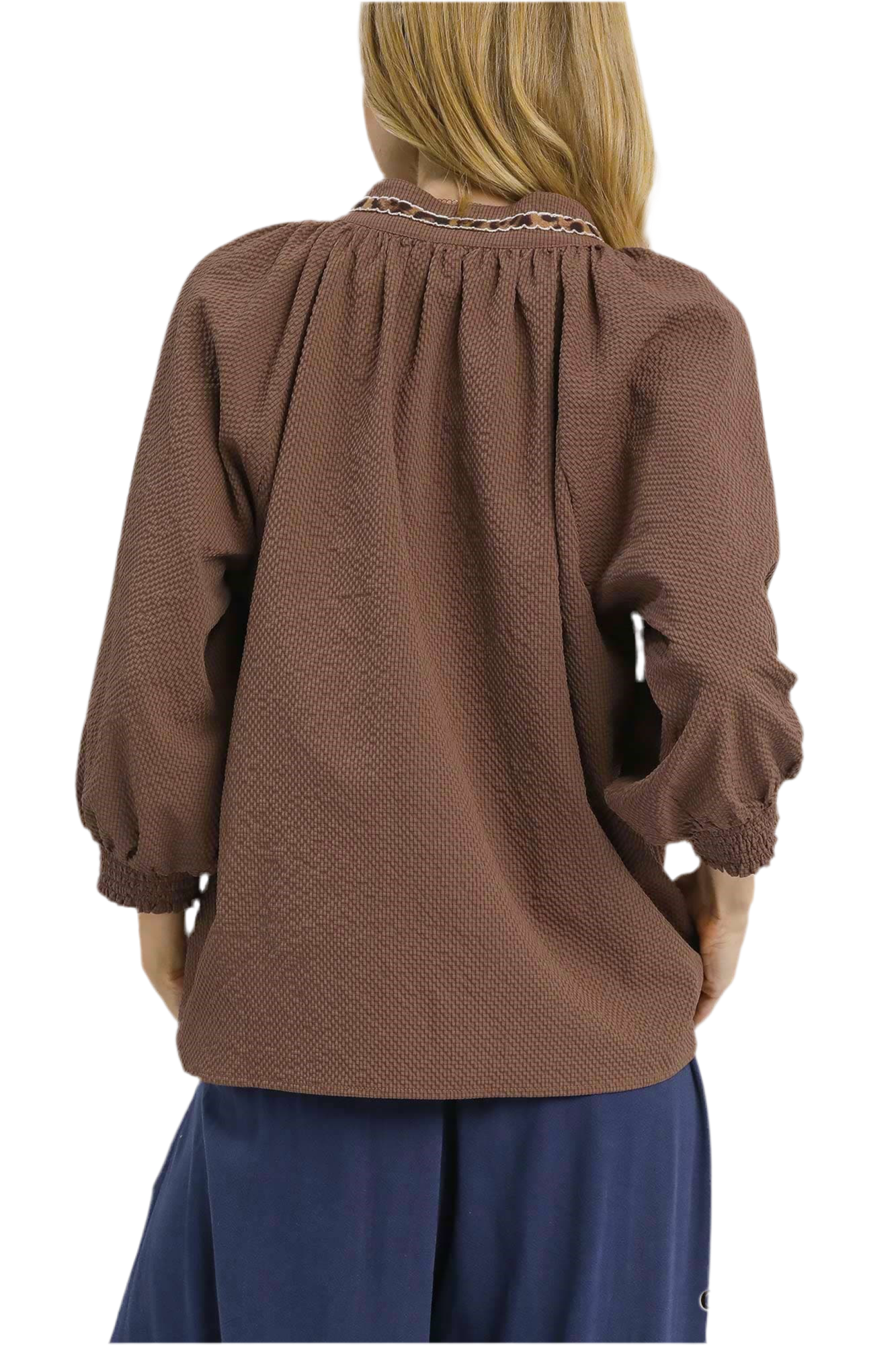 Allie Animal Print Trim V Neck Collared Top Chocolate