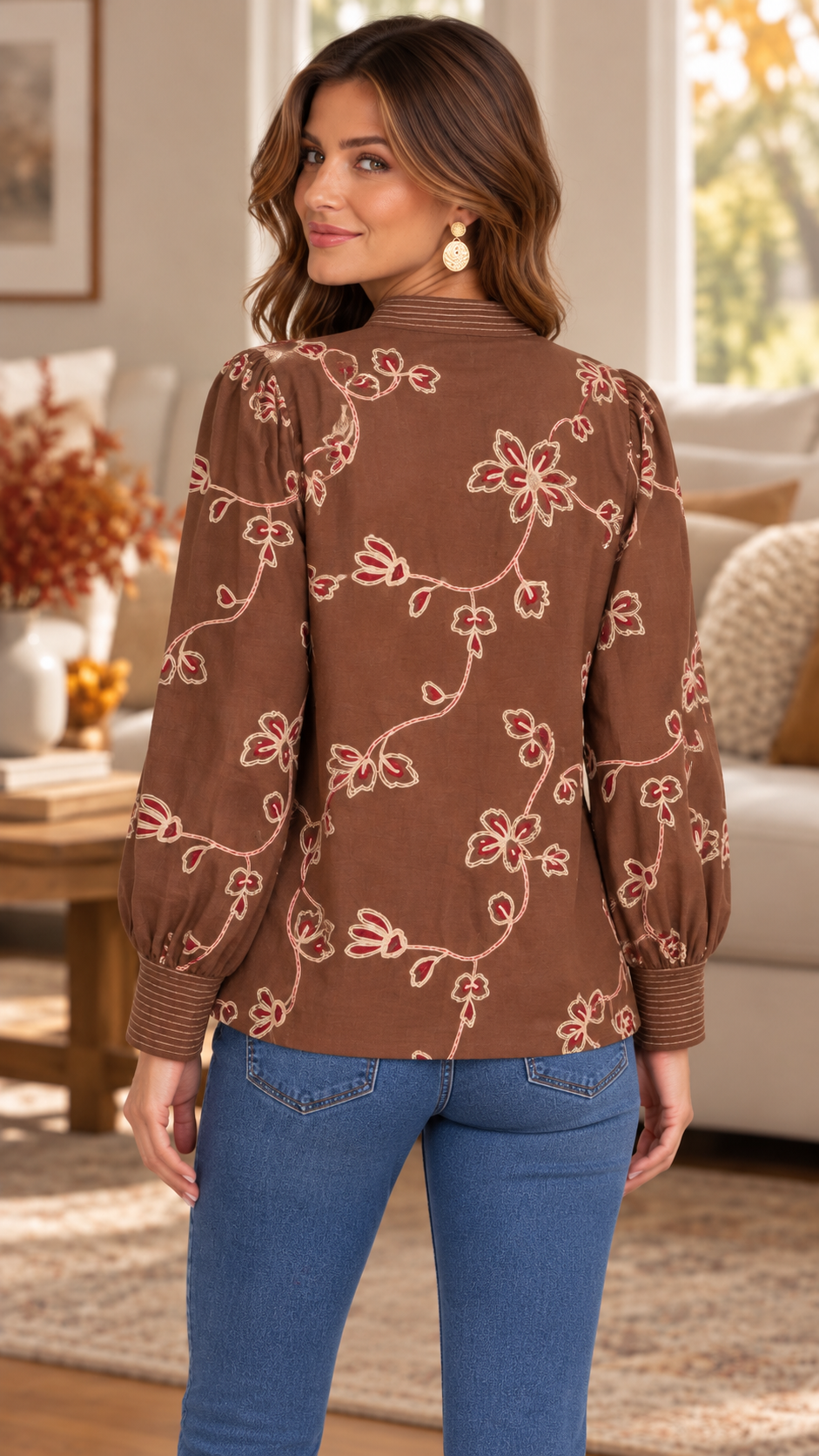 Faith Floral Embroidered Long Puff Sleeve Top Brown