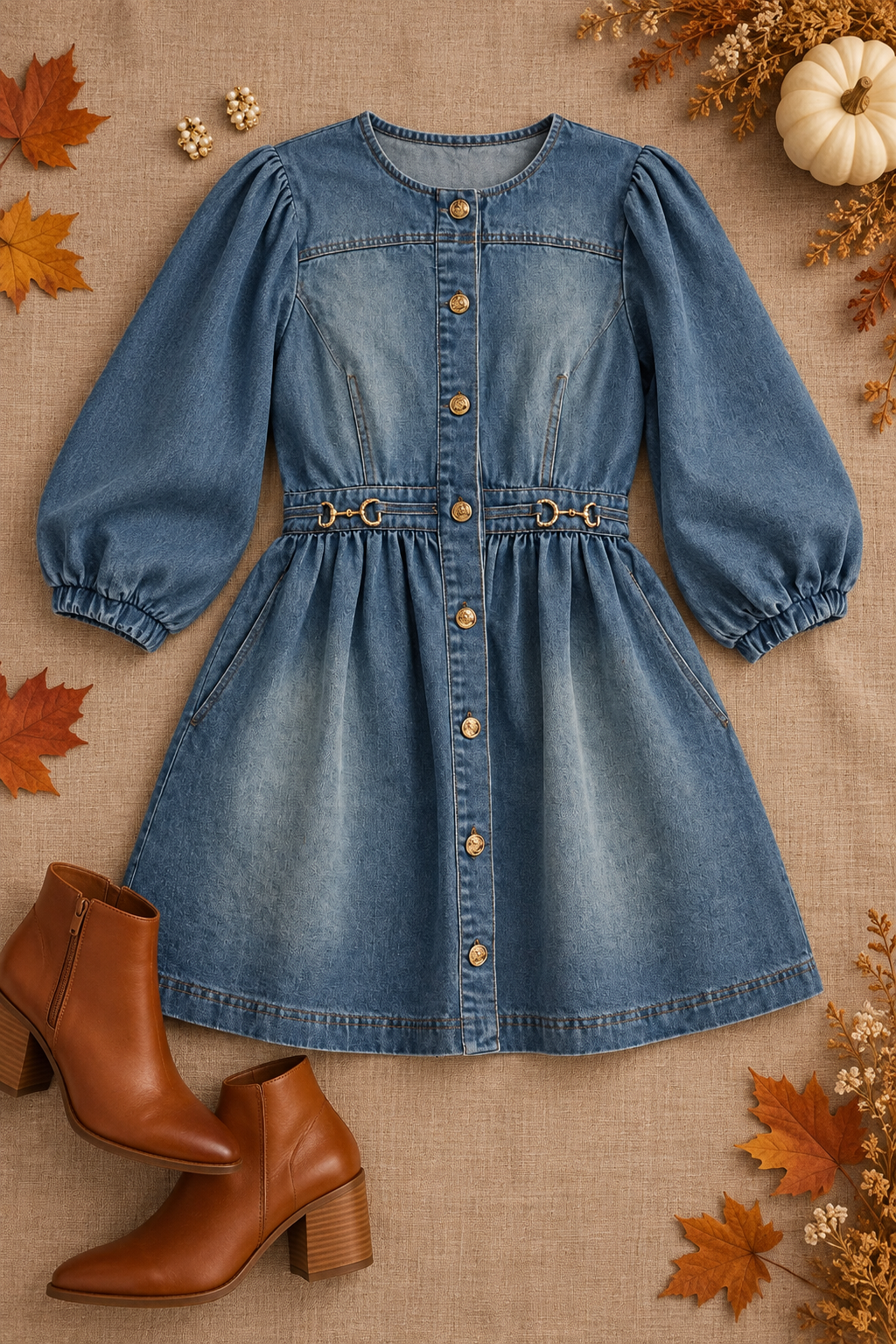 Sabrina Solid Denim 3/4 Sleeve Dress Denim